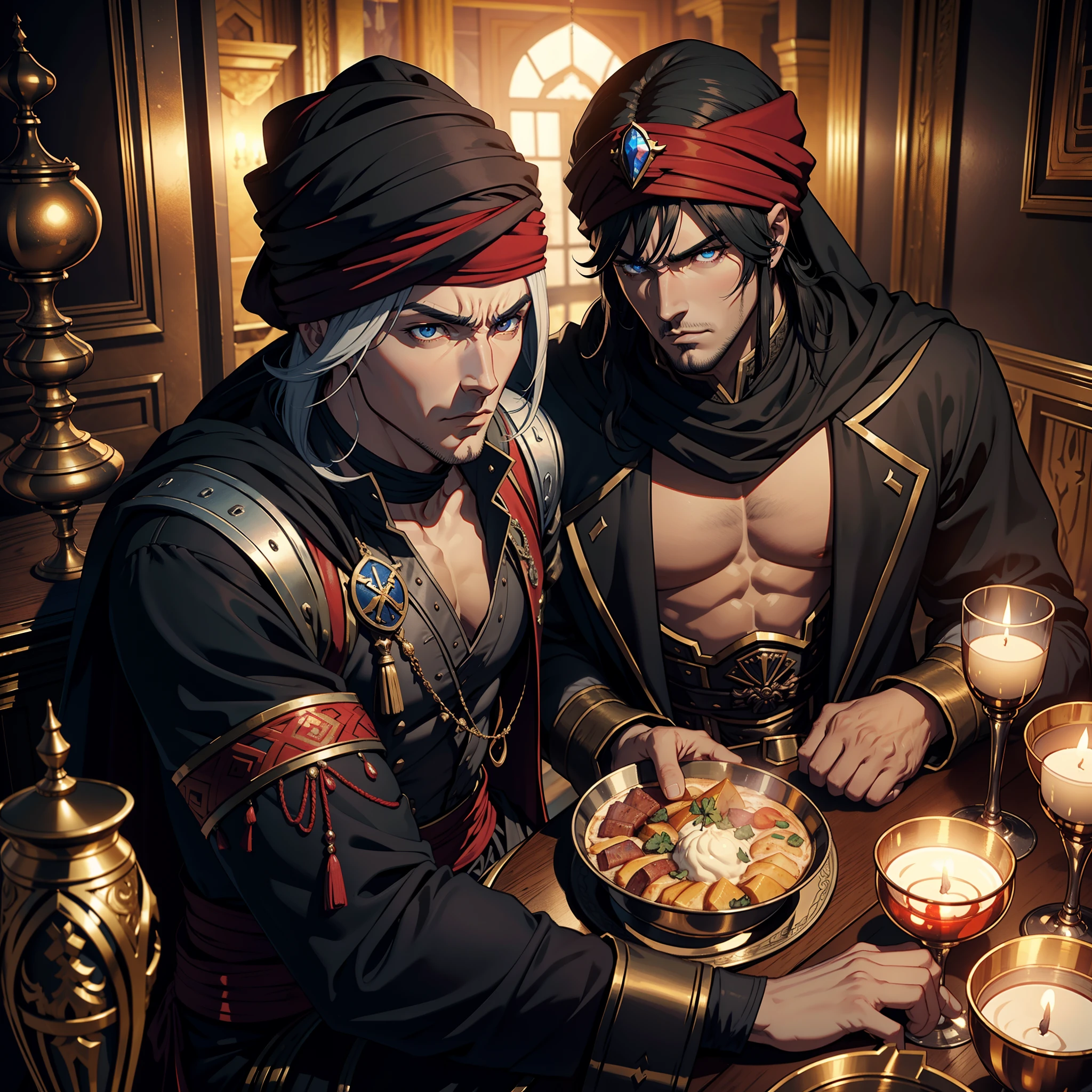 Castlevania Hyper Realistic Shadow Lord Super Detailed Dynamic Shot Masterpiece Cinematic Scenes Epic Movie Legendary Lord Dracula Handsome Muscular Kenshiro Hokuto No Ken Facial structure with red turban with Moroccan Moroccan sitting with 10 consultants wearing Moroccan Moroccan Moroccan environment Moroccan Islamic jelaba Carry all the same Carry on a large dining table 3D Camera View Wearing a traditional Moroccan environment wearing a castle Medieval Moroccan Interior Drinking Eat 3D View Very Deep View