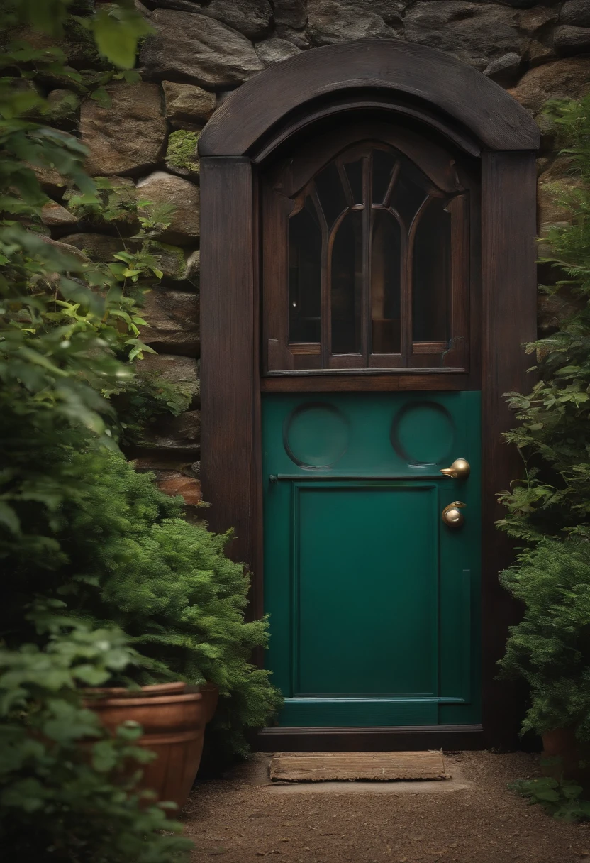 represent an anxious small door made with dark wood that connects the yard with the kitchen
