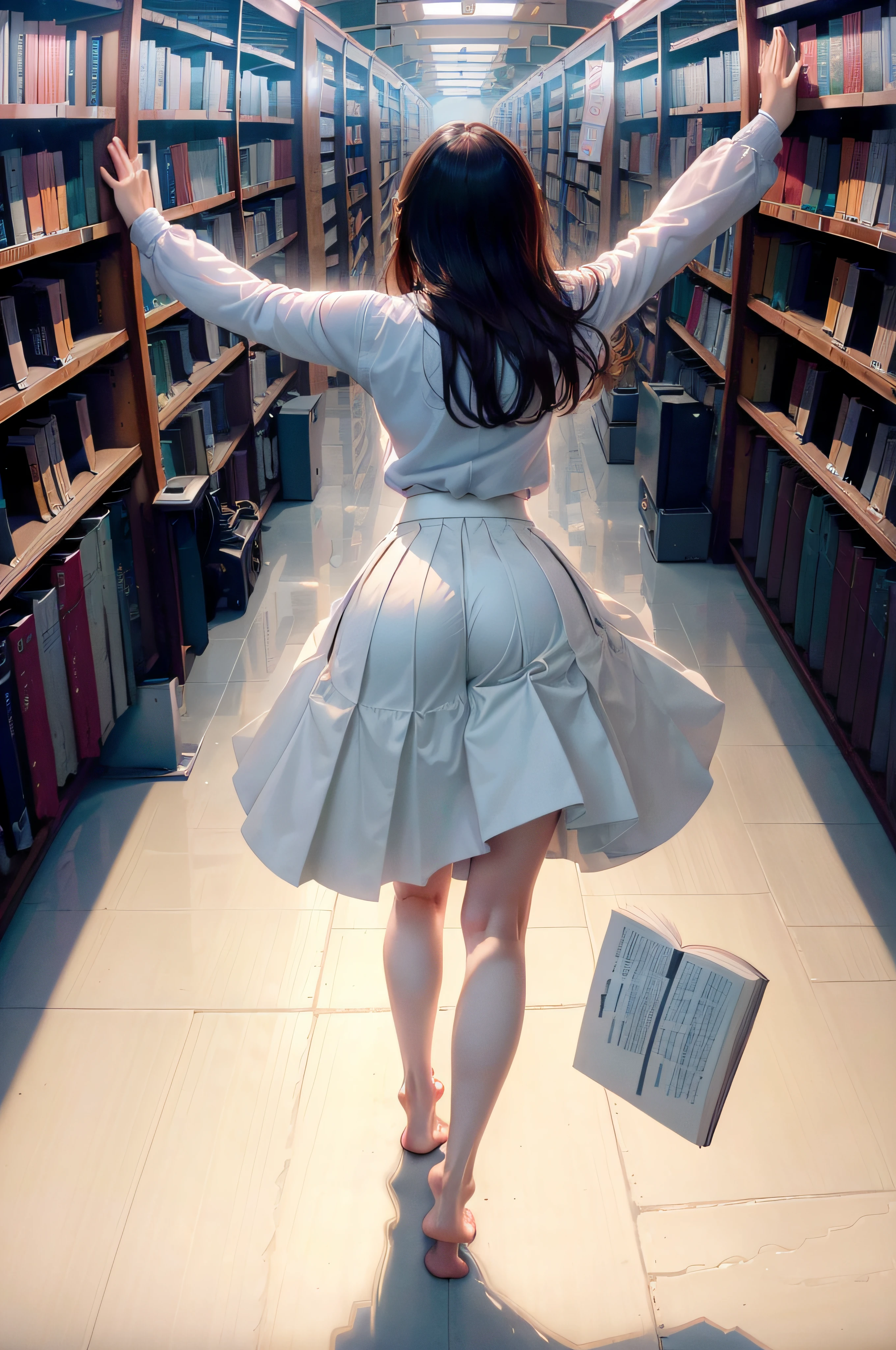 ((RAW image quality:1.4))、8K分辨率、Ultra-high-definition CG images、top-quality, ultra-quality, The ultra-detailliert, lighting like a movie、Inside a huge library、(The back of a woman trying to reach out on her toes and take a book high:1.4)、School Uniforms、The skirt flutters in the wind、Pure white panties、Windlift-up skirt、s ass、nice butt、perfect buttocks、Eyes from below、8mm fisheye lens、(Photos showing the whole body:1.4)、