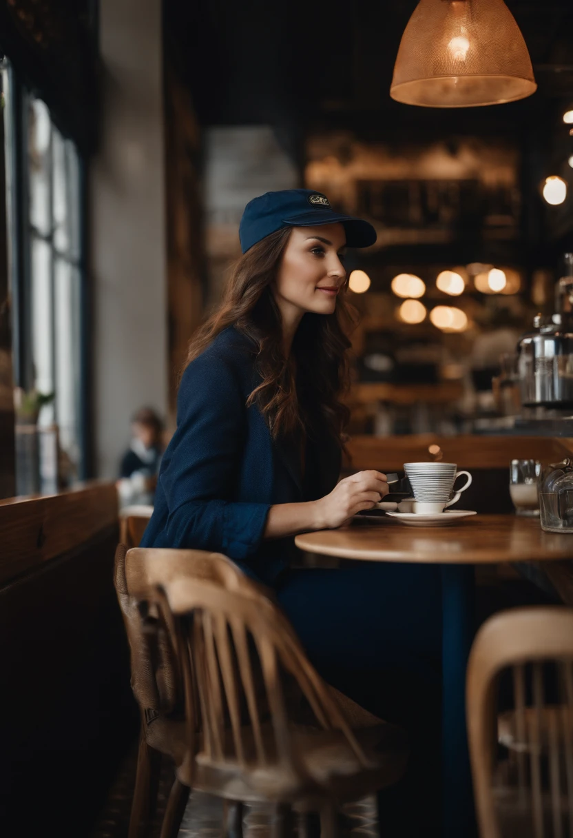 there is a woman sitting at a table with a cup of coffee, in a coffee shop, checking her phone, sitting in a cafe, enjoying coffee at a coffee shop, sitting in a cafe alone, checking her cell phone, mysterious coffee shop girl, sitting alone in a cafe, wearing a navy blue utility cap, anna nikonova, at the counter