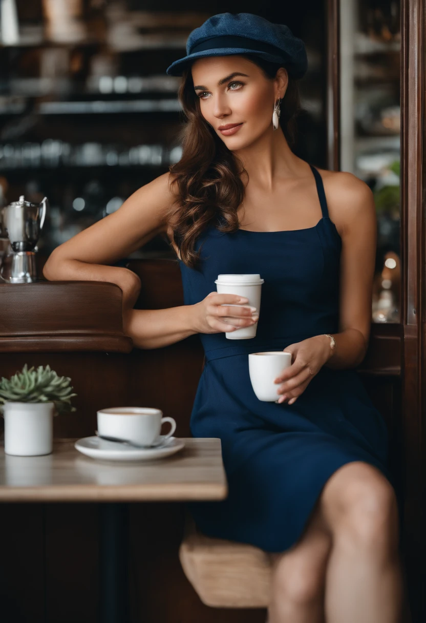 there is a woman sitting at a table with a cup of coffee, in a coffee shop, checking her phone, sitting in a cafe, enjoying coffee at a coffee shop, sitting in a cafe alone, checking her cell phone, mysterious coffee shop girl, sitting alone in a cafe, wearing a navy blue utility cap, anna nikonova, at the counter