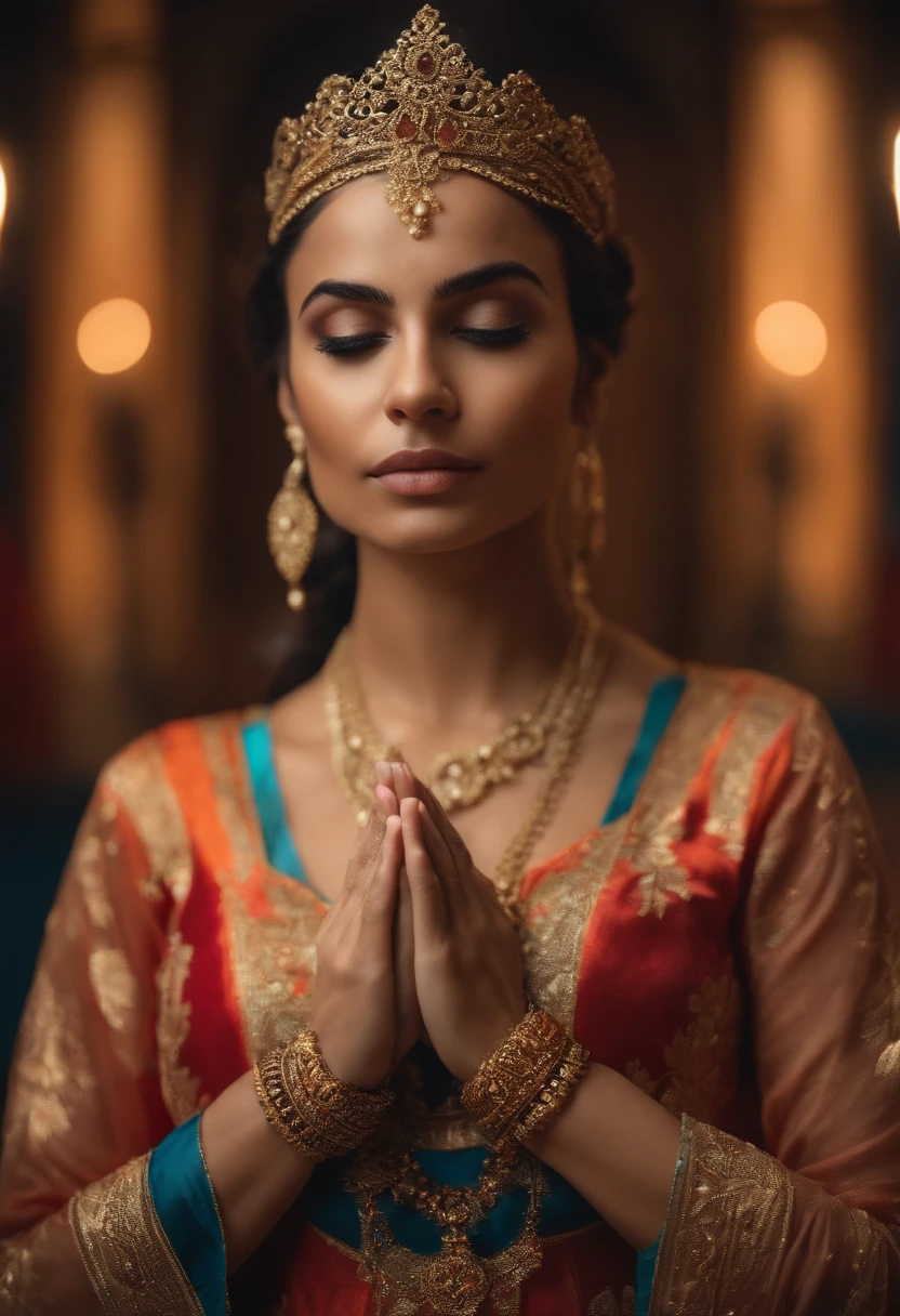 uma mulher de 25 anos, com roupas angelicais que cobrem todo o corpo, hands in prayer position, staring directly at camera