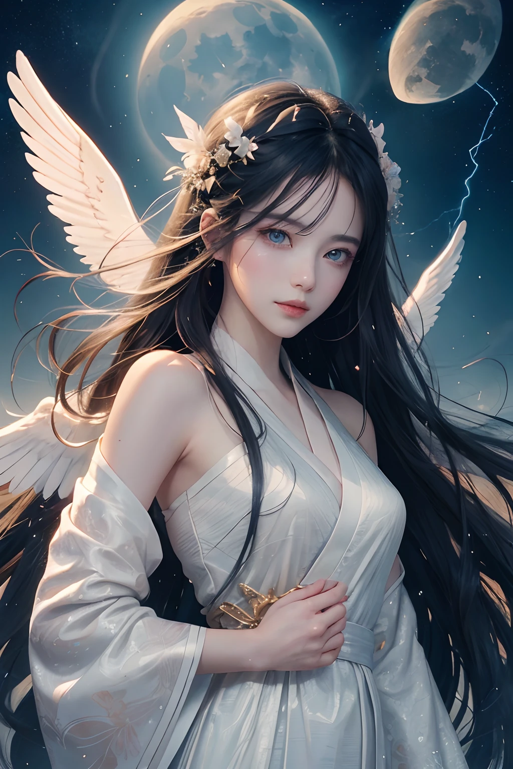 top-quality、masterpiece、anime styled、a beautiful female angel、Floating in mid-air、Lightning halo、4 beautiful white big wings、a moon、nebulas、shooting stars、Beautiful white dress、Super beautiful detailed eyes、Accurate depiction of the iris、Watch the viewer with calm and goddess-like happiness、
、hyperdetailed face、Convoluted、flawless、modeled、textured、Chiaroscuro、professional make up、realisitic、rough、Dominated、Diagram in a frame、Super beautiful backgrounds drawn by WLOP、电影灯光、stele、natta、fireflys、near the lake、etheric、Long black hair、Gorgeous kimono