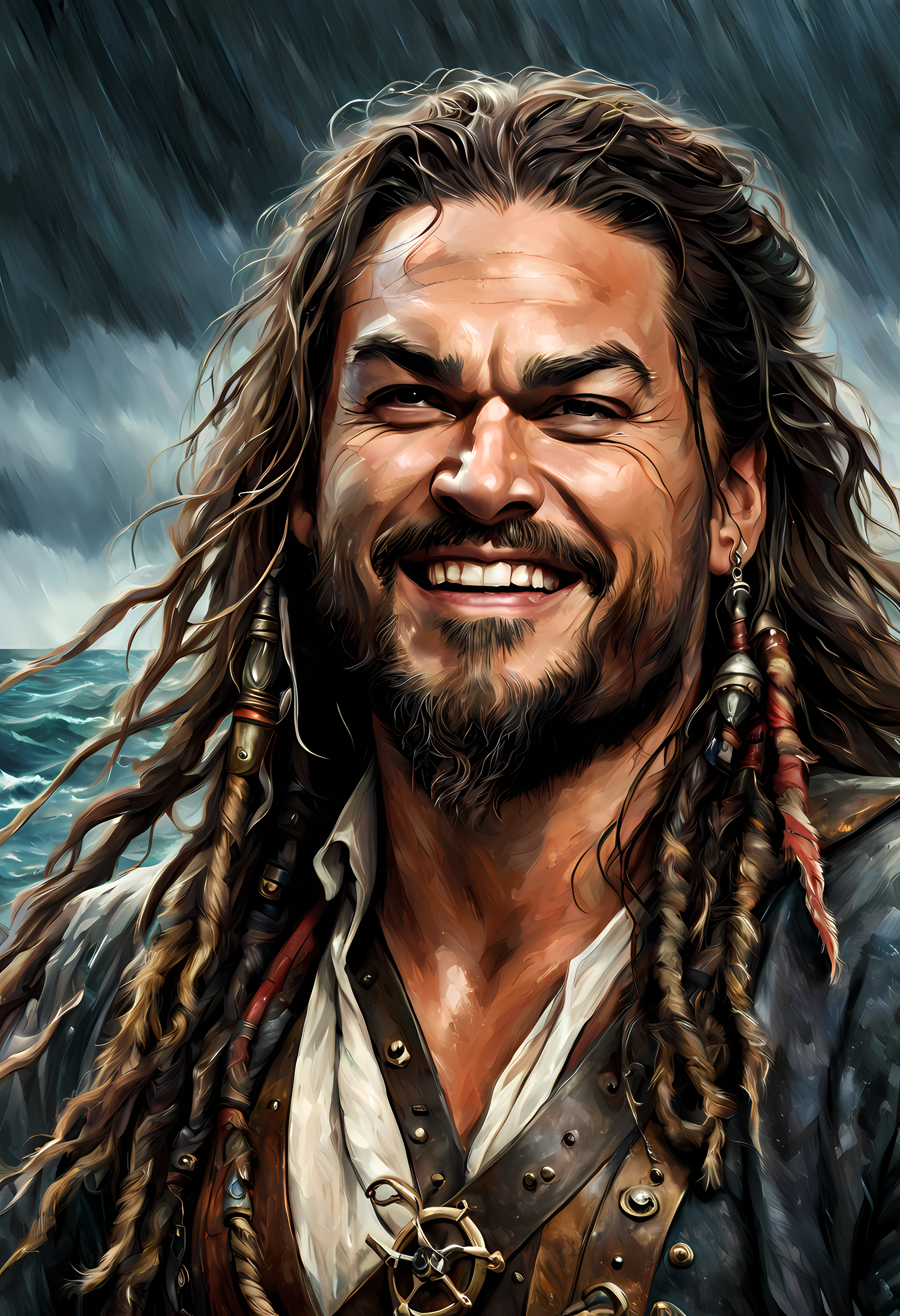 digital painting of (Jason Mamoa) as captain jack sparrow on a ship at sea during a storm, medium shot, laughing, detailed face, high quality masterpiece, high saturation