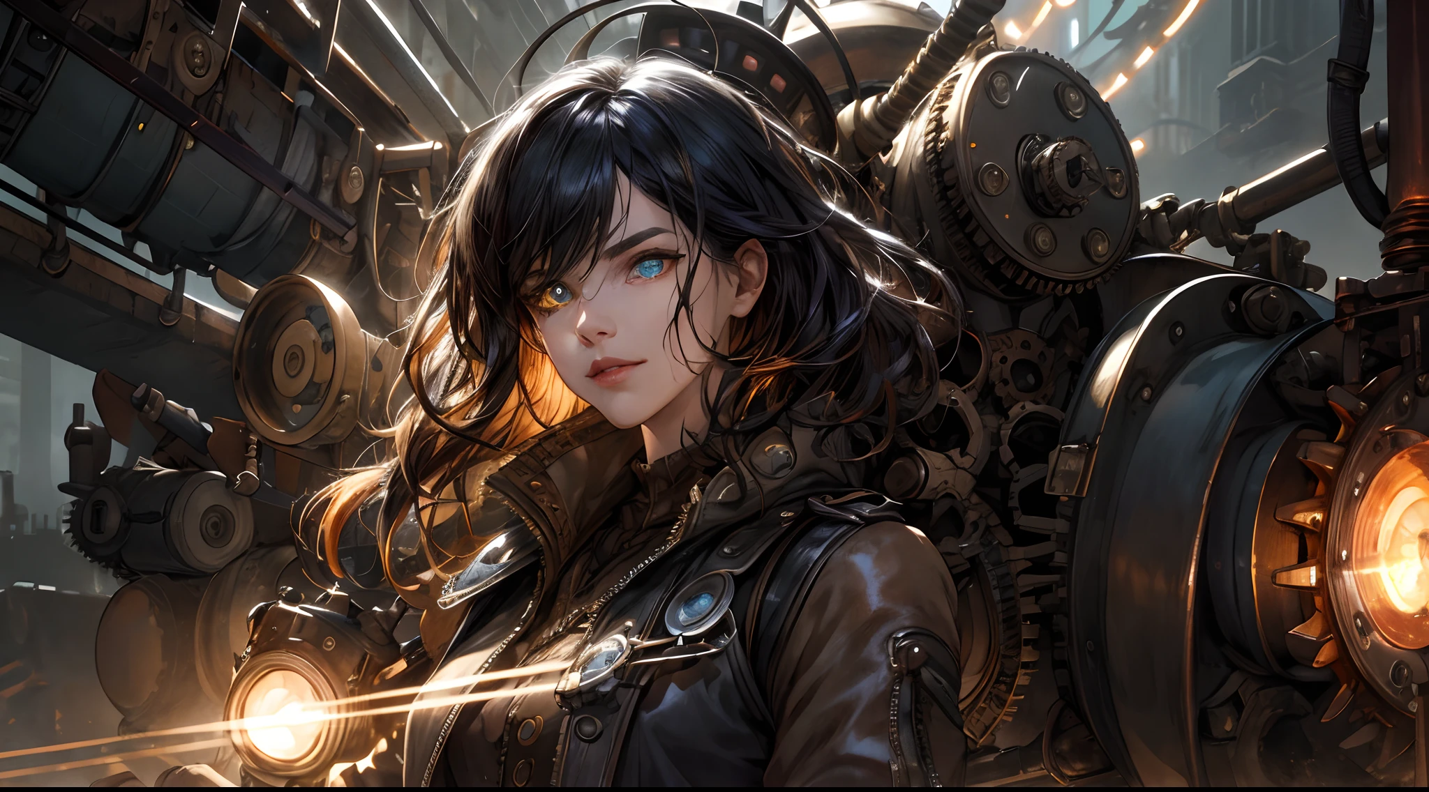 (absurdres, highres, ultra detailed), 1woman, mature female, aged up, wavy long hair, split-color hair, heterochromia, bangs, long sleeves, finely detailed eyes and detailed face, extremely detailed CG unity 8k wallpaper, intricate details, (style-rustmagic:0.8), (medieval cyborg:0.8), portrait, (bloody wounds:0.7), looking at viewer, solo, half shot, detailed background, (steampunk theme:1.1) determined expression, dark couds technomancer, floating lights, color leather vest with gears, techwear, jetpack, workshop in background, machines, gears, steam, industry, technology, furnace, grime, anvil, buttons, levers, automaton, electricity, electric sparks epic atmosphere,, portrait