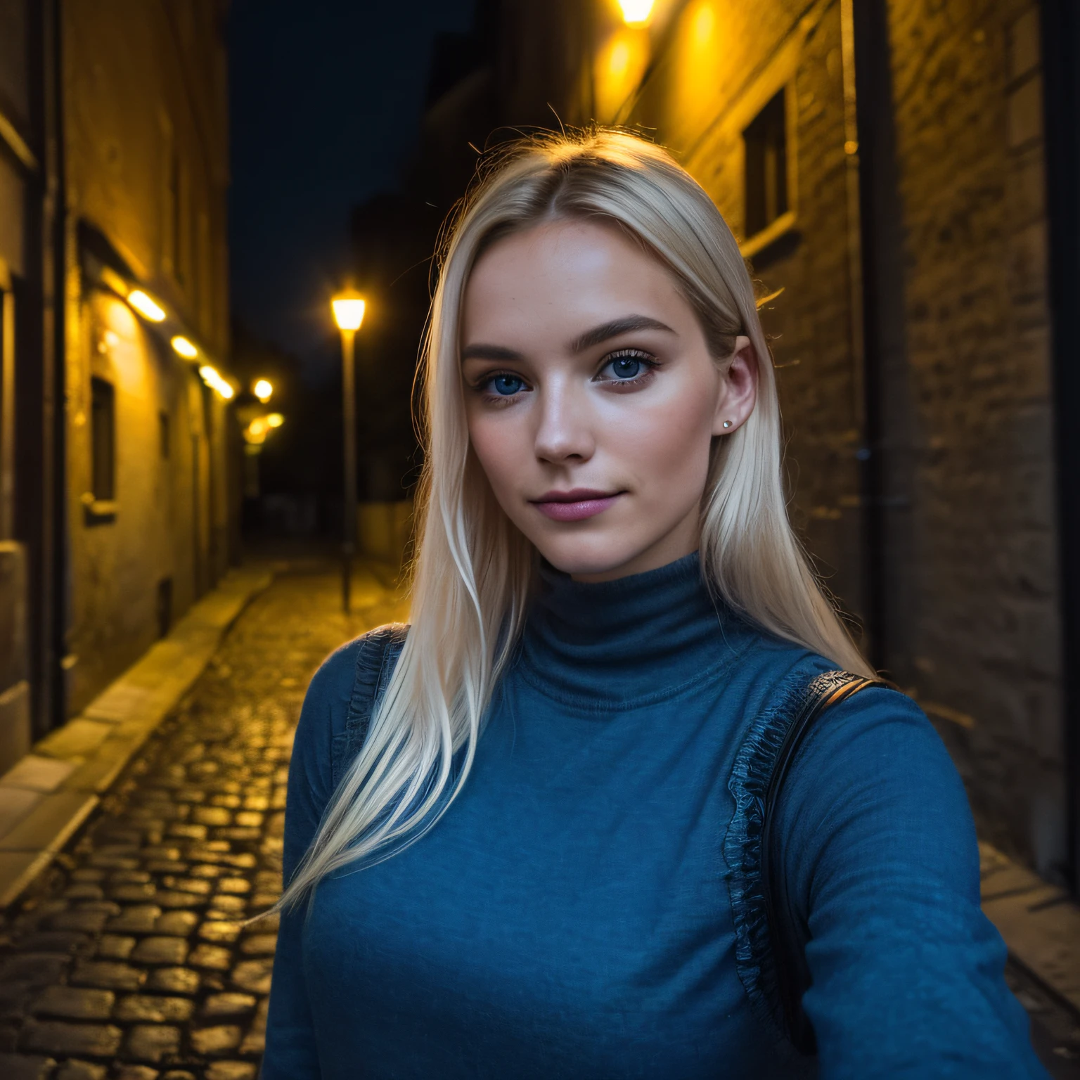 (Selfie, Plan: 1.4), (Right half of the body: 1.4), RAW UHD portrait photo of a 24-year-old blonde (Femme aux yeux bleus) Marcher dans une ruelle sombre, gros seins,, Ville la nuit, (rocher), (Encolure), specifics (Tissu! , Cheveux! , Briller, Couleur!! , disadvantages: 1.1), Bright eyes with a high level of detail (staring into the camera), SLR lighting, Appareil photo reflex mono-objectif, ultra quality, re sharpness, profondeur de champ, Filmkorn (Milieu), Fujifilm XT3, Limpide, Rahmenmitte, beau visage, mise au point nette, street lamp, Neonbeleuchtung, Bokeh (dimly lit), Nuit, (Ciel nocturne), Detailed skin pores, peau grasse, Coup de soleil, Complex eyesDetails, corps entier entier, gros seins