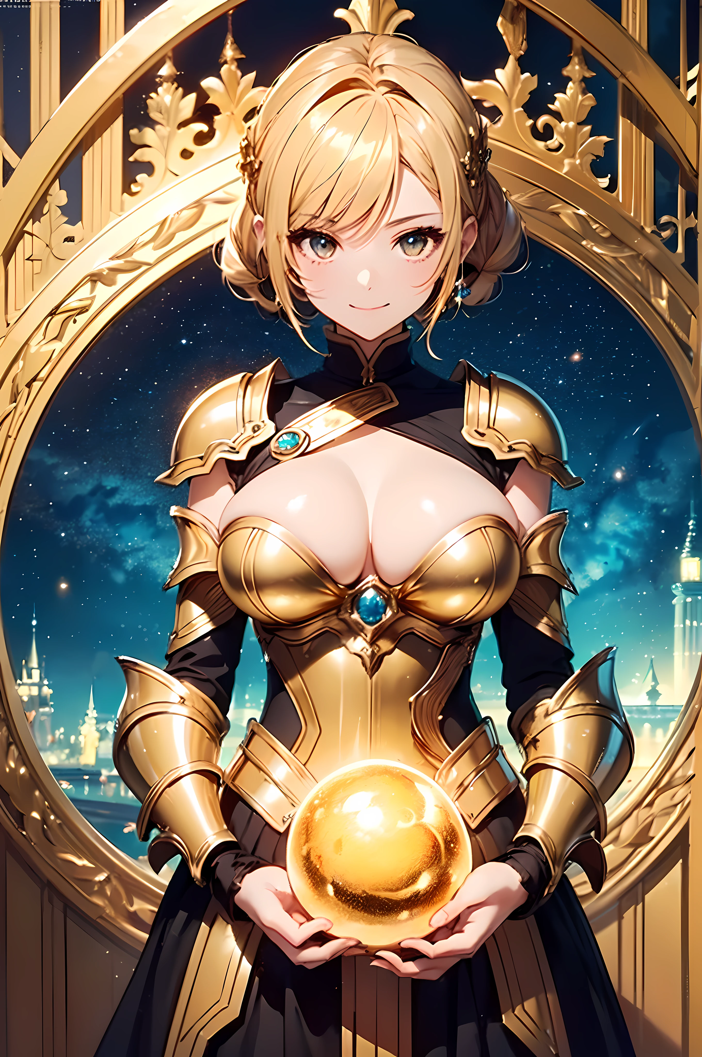 (masterpiece1.5),hyper quality, Hyper Detailed,Perfect drawing,1girl in,Knights、Princess、adventurer、(((very Bigger breasts:1.2))),kawaii ,With smiling eyes,(((Beautiful armament in gold color))),(((Beautiful sword of golden color))),(((Luxurious armor))). (((Shiny giant golden sphere))),。.3D,16K illustrations,((clearface)),Hi-Res,nice background、Isekai Fantasy、(((beatiful backgrounds)))、(((Detailed drawing)))、Perfect Beautiful Girl、(((Perfect Photo)))、kirakira、shiny、illustrious、golden colored、gold、Golden Jade、Dazzling、Reflectors、a gorgeous、high-class sense、cowboy shot、