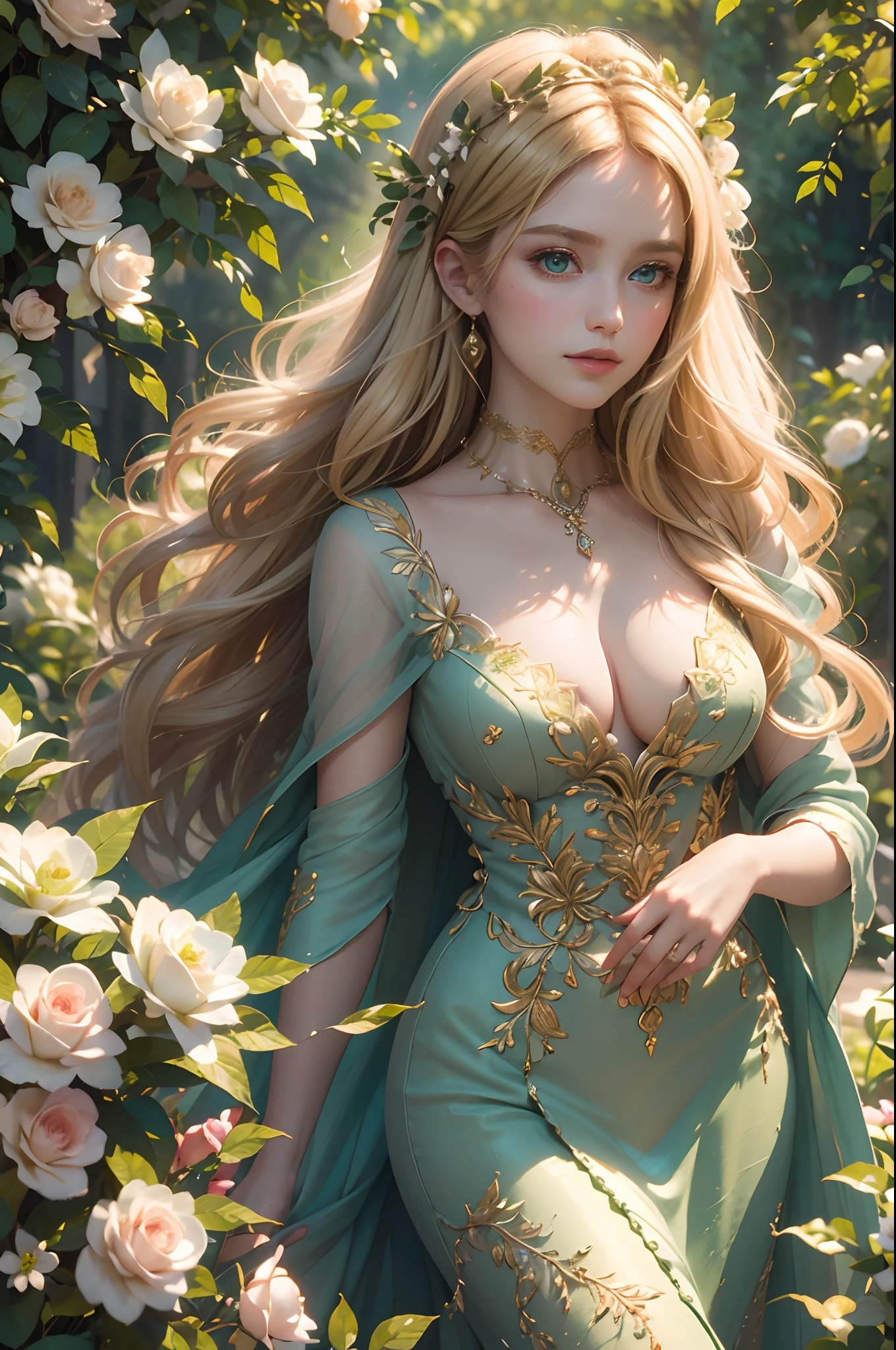(highres,photorealistic),blonde hair,green eyes,noble young girl,ornate dress,beautiful garden backdrop,lush flowers and plants,elegant posture,delicate facial features,vivid colors,soft natural lighting,classic oil painting style, Strict dress, medium-sized breasts