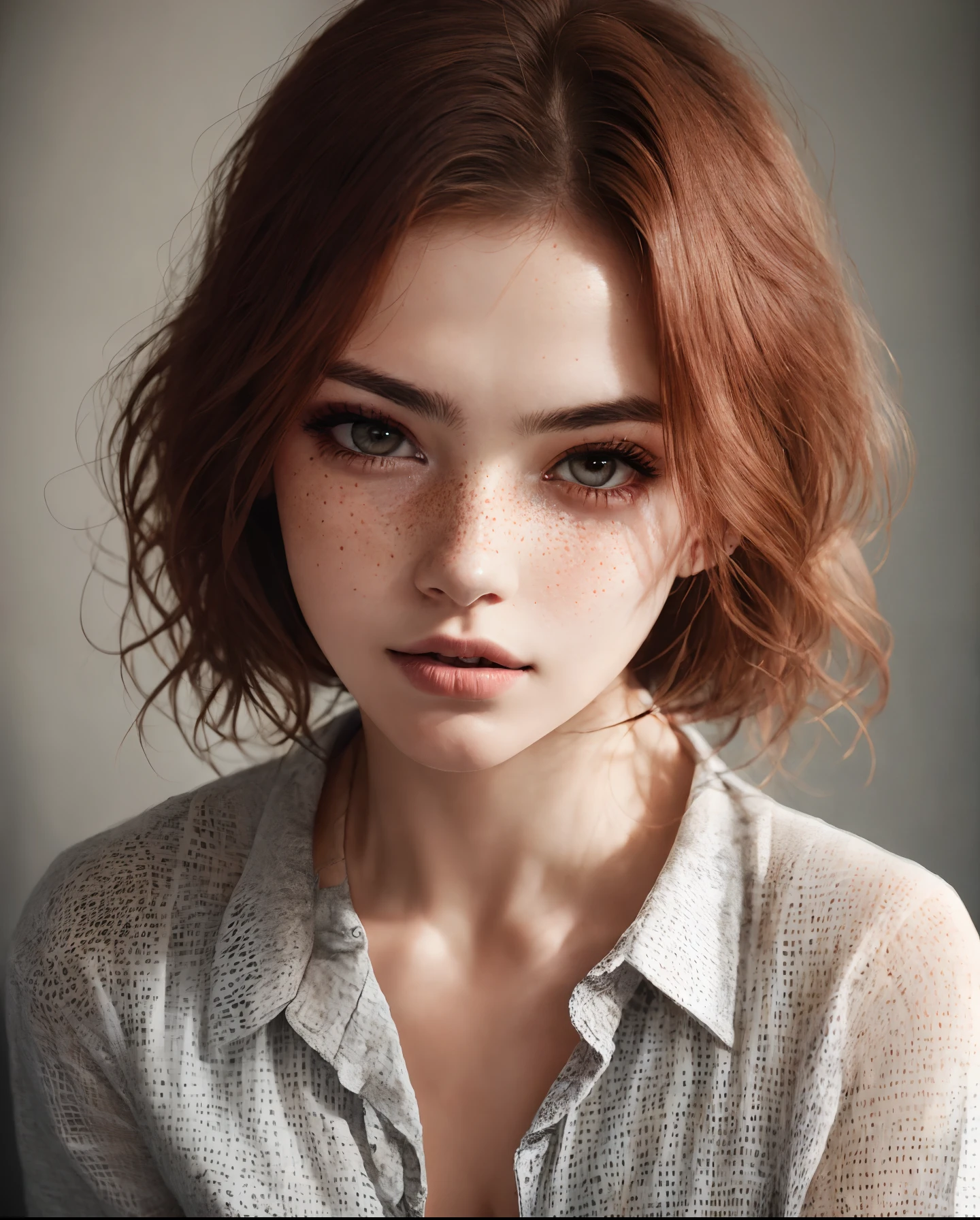 a photo of a seductive woman with loose styled redhead hair, posing in dark studio, she is wearing Button-up Shirt and Trousers, intricate details, goosebumps, flawless face, shy, prude, (light freckles:0.9), ((photorealistic):1.2), raw