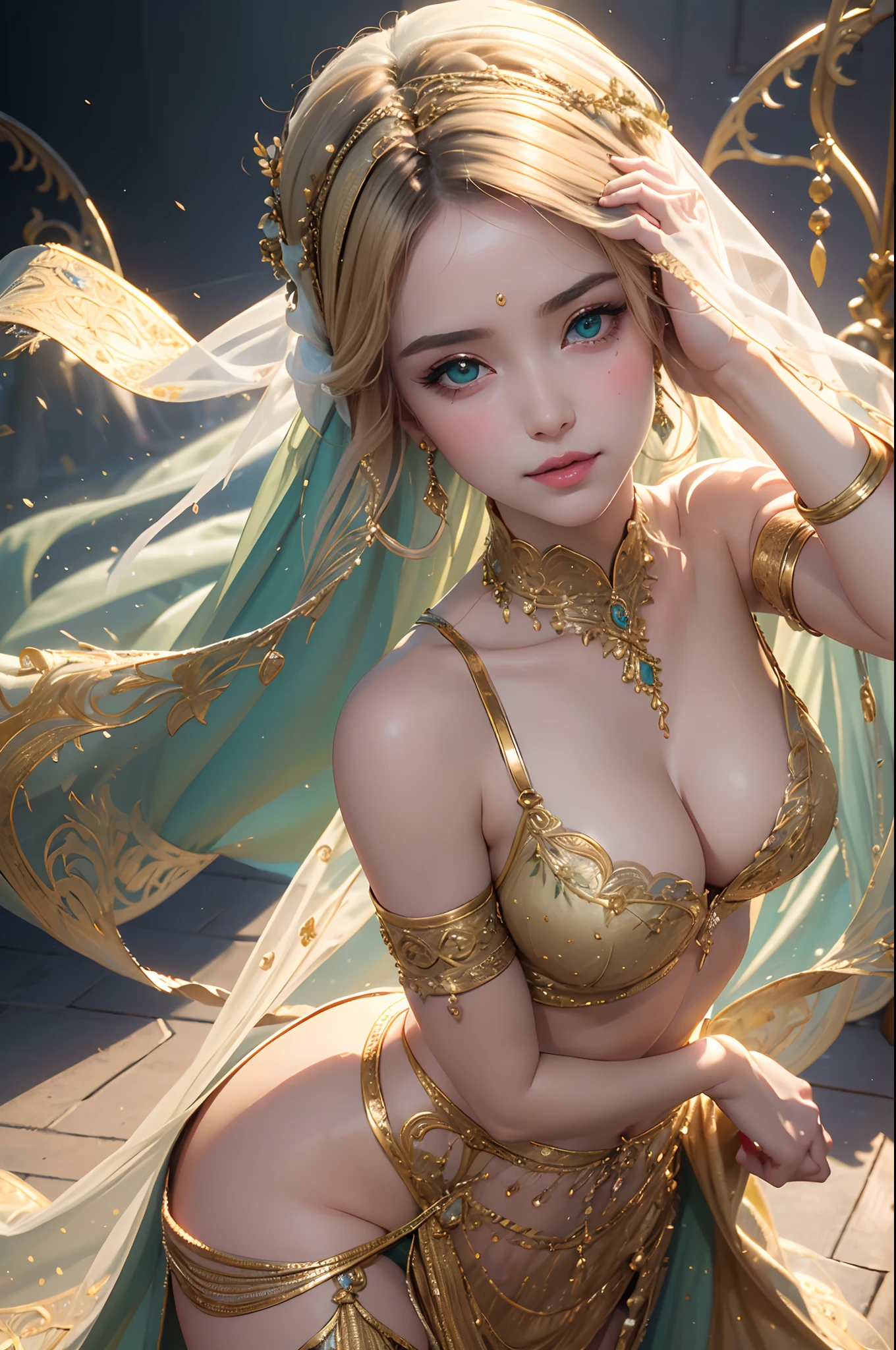 (Best Quality,4k,hight resolution,Masterpiece:1.2),Ultra-detailed,Realistic,Beautiful detailed green eyes,beautiful detailed lips,extremely detailed face,Beautifully detailed facial features,blonde woman,Oriental Dancer Costume,Graceful posture,Eye-catching background,soft-lighting,artistic interpretation,Portrait,Rich color palette,Expressive Movements,Striking visual impact,Pure elegance,Meticulous brush strokes,bright colours,Meticulous attention to detail,Subtle shadows,Dynamic composition,breath taking beautiful,alluring charm,Absolutely mesmerizing view, belly dance, Oriental Concubine, Lots of sheer fabric, (((The lower part of the face is covered by a veil)))