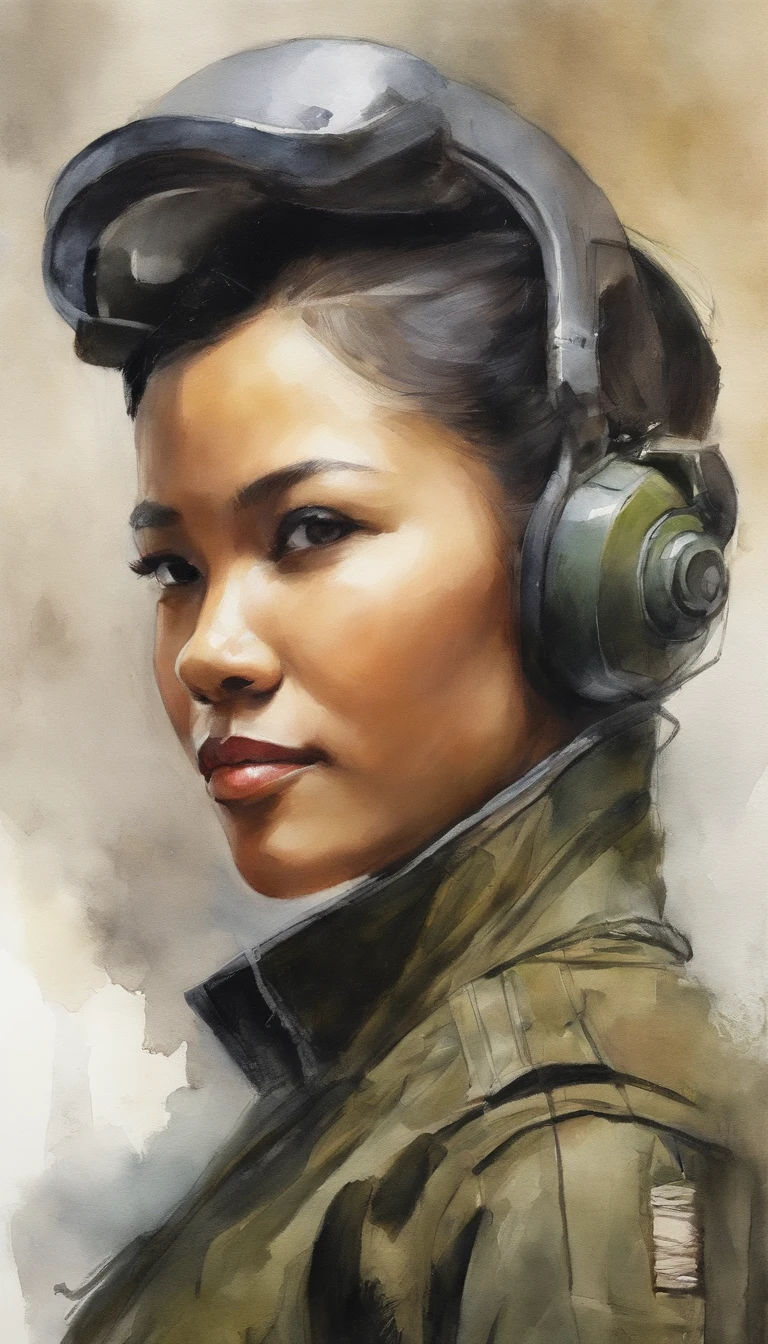 Indonesian woman, 18 year old, with accurate features, strong jawline, slightly pointed ears, short hair, black hair, dynamic angle shot, No extra ears, neck zoomed in, side view profile centered, wide high angle view, Two pointed ears, Side photo, wearing futuristic military uniform, science fiction