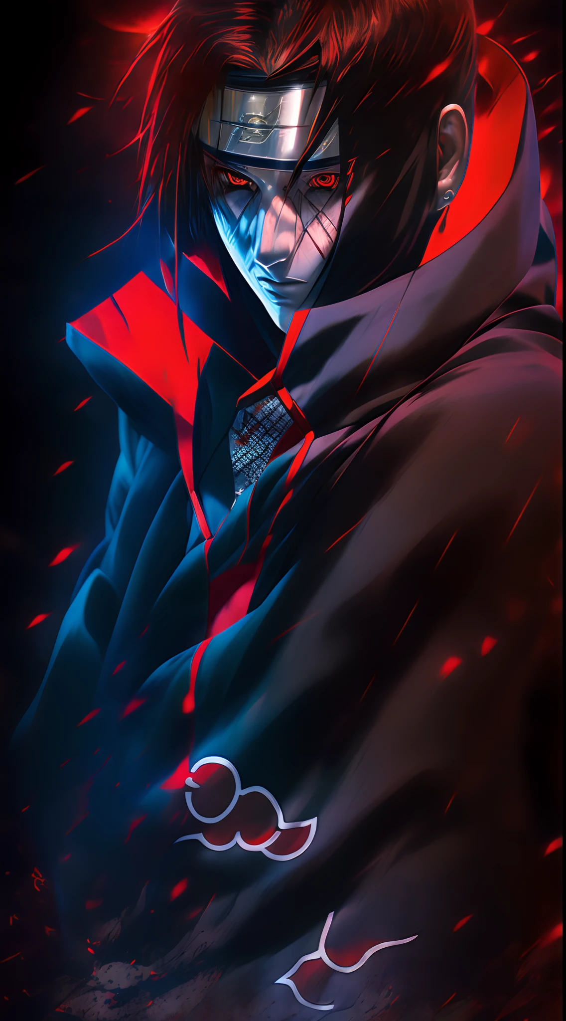 ' Design a powerful wallpaper showcasing the formidable (("Itachi Uchiha")). Itachi should be depicted in a captivating and commanding pose, with his Sharingan activated. The background should feature the Sharingan, creating an aura of intensity and power. Ensure the wallpaper exudes an aura of strength and captivates the viewer with its visual impact.