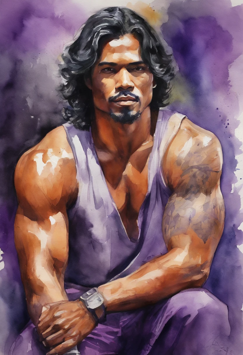 Malaysian male,A tall, Black hair with blonde highlights, Wearing a purple shirt, Intense muscles, Black eyes, Neon Street