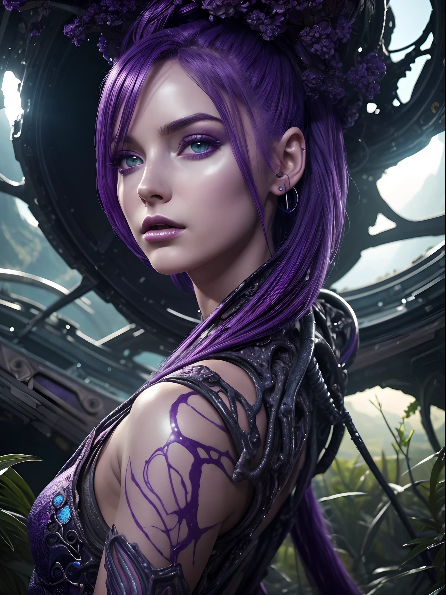Masterpiece, RAW photo, hyper photorealistic, Beautiful alien girl with a lot of purple hair, on a far fantastic planet, cosmic landscape, cute sexy, highly detailed, sci-fi aesthetic, fantasy aura, unearthly vegetation, by rutkowski, hdr, intricate details, hyperdetailed, cinematic, depth of field, rim light