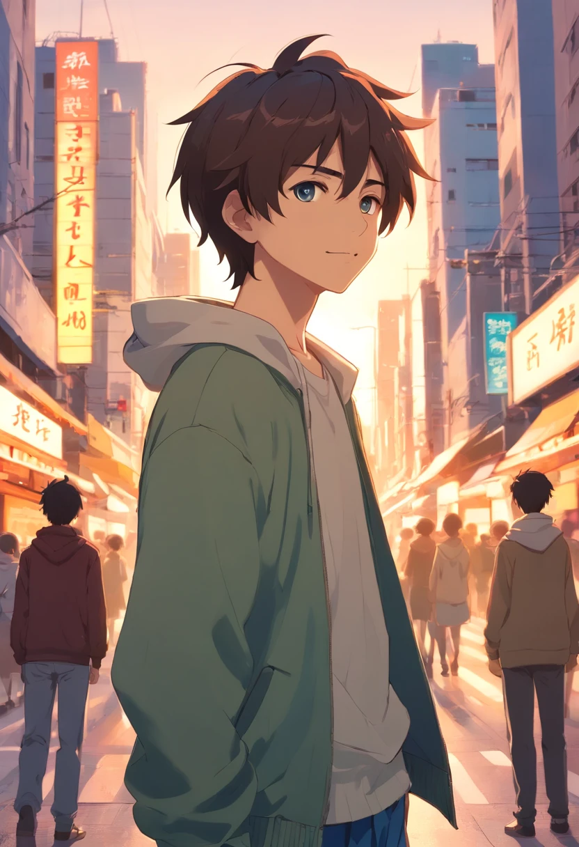 A boy, transformed into an anime style, with exaggerated unique facial features and clothing, standing on a bustling city street, backlit background highlighting the subject, high-contrast colors, 4K high-definition quality,young, smiling, handsome