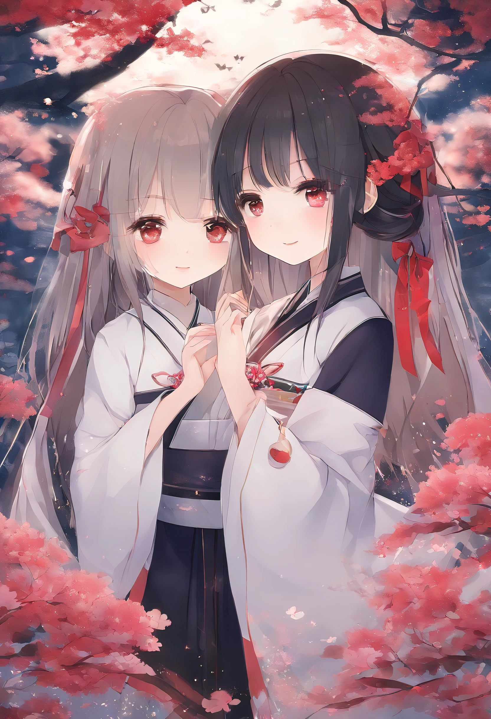 Best quality at best, 超高分辨率, hyper HD,Two young girls,komono,Hanfu,Noble,full bodyesbian,Look at the stars,Imagine the future,Blue pupil,Lori huge breasts cleavage,big breasts beautiful, Dark Gothic suit, adolable,He has two ghost dolls on his hands , full bodyesbian, smiling at me, red eyes, Flower pupils, Sweet, big breasts beautiful, adolable, care, is shy