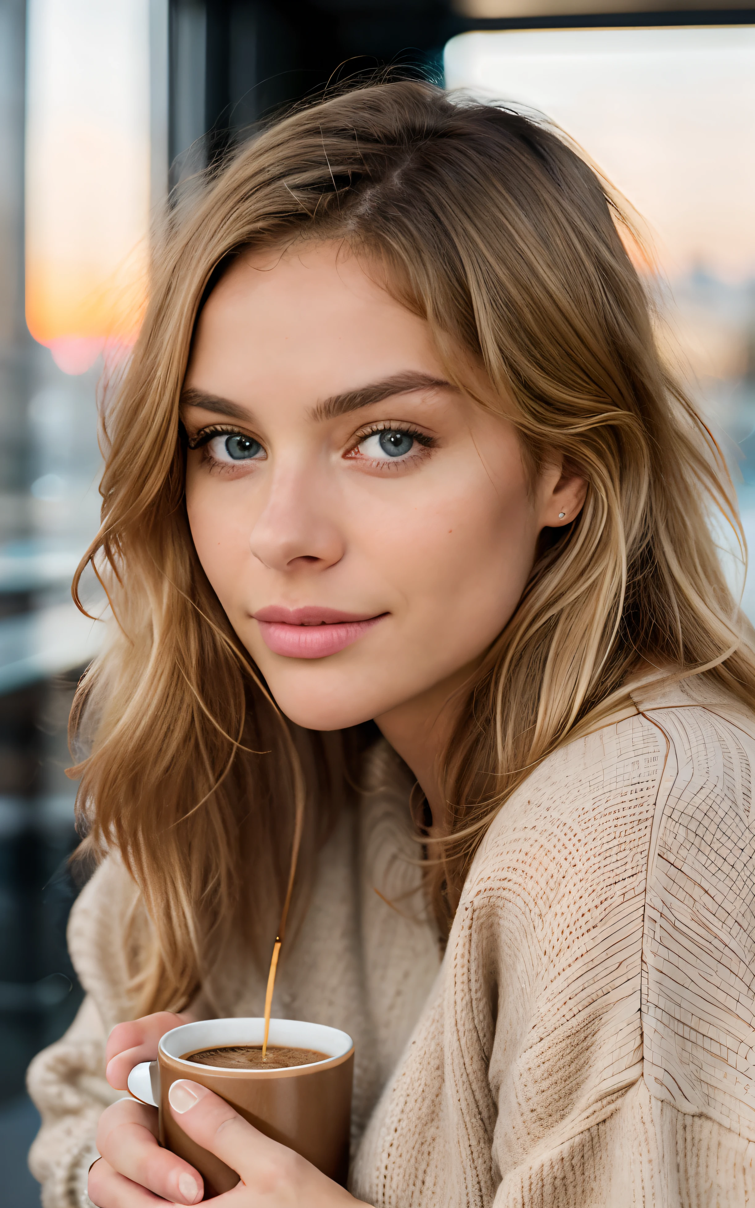 beautiful blonde wearing beige sweater (sipping coffee inside a modern café at sunset), very detailed, 21 years old, innocent face, natural wavy hair, blue eyes, high resolution, masterpiece, best quality, intricate details, highly detailed, sharp focus, detailed skin, realistic skin texture, texture, detailed eyes, professional, 4k, charming smile, shot on Canon, 85mm, shallow depth of field, kodak vision color, perfect fit body, extremely detailed, foto_\(ultra\), photorealistic, realistic, post-processing, maximum detail, roughness, real life, ultra realistic, photorealism, photography, 8k uhd, photography
