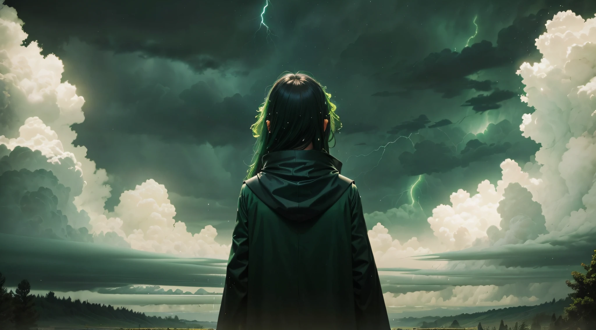 Dark Green Sky, Cabelos Longos, luzes verdes, asas baixas brancas, Dreen Thunder, Chuva Noturna, anjo, noite, Chuva, Escuro, triste, luzes verdes, estrelas verdes, chuva forte, noite Batalha Verde, Green lightning thunder, nuvens verdes, darkeness, luzes verdes noturnas, Ore Thunder, water, chuva, Noite, nuvens escuras, nuvens negras, Luzes de nuvens verdes, chaos, sadness, tempest, green thunders