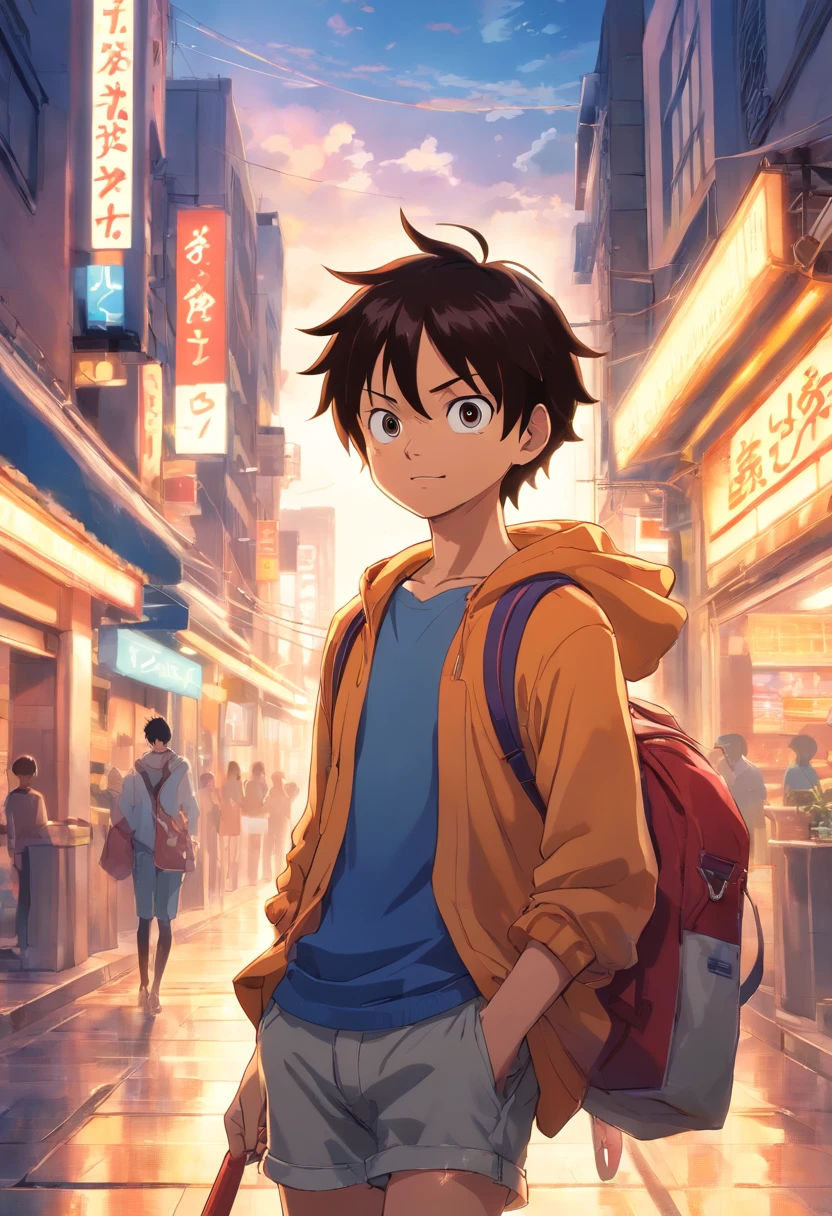 Luffy, transformado en un estilo de anime, with exaggerated unique facial features and clothing, de pie en una bulliciosa calle de la ciudad, fondo retroiluminado que resalta el sujeto, colores de alto contraste, 4K HD quality, joven, sonriente, guapo