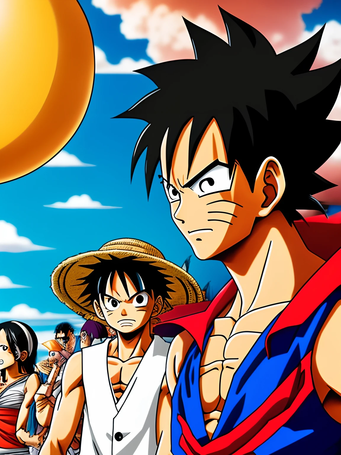 A man who looks like Luffy from one piece, He has hair and clothes Dragon Ball, And in the back Naruto together the Dragon