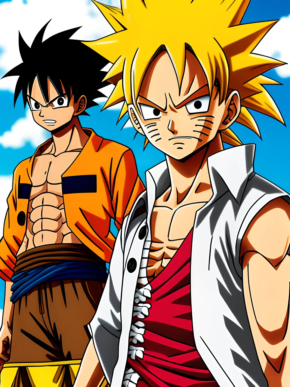 A man who looks like Luffy from one piece, He has hair and clothes Dragon Ball, And in the back Naruto together the Dragon