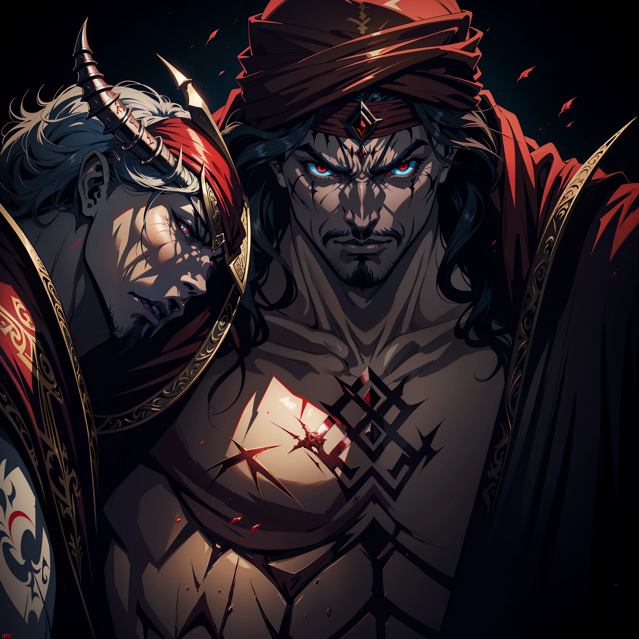 Castlevania Hyper Realistic Shadow Lord Super Detailed Dynamic Shot Master Piece of Lord Dracula Medieval Arab Warrior with Red Turban Scary Face Hokuto No Ken Structure Muscle Face Kenshiro Leading Troops Army of demons to fight Sharp details Cinematic Scenes Epic Movie Legendary Movie Hyper Realistic Portrait Zoom