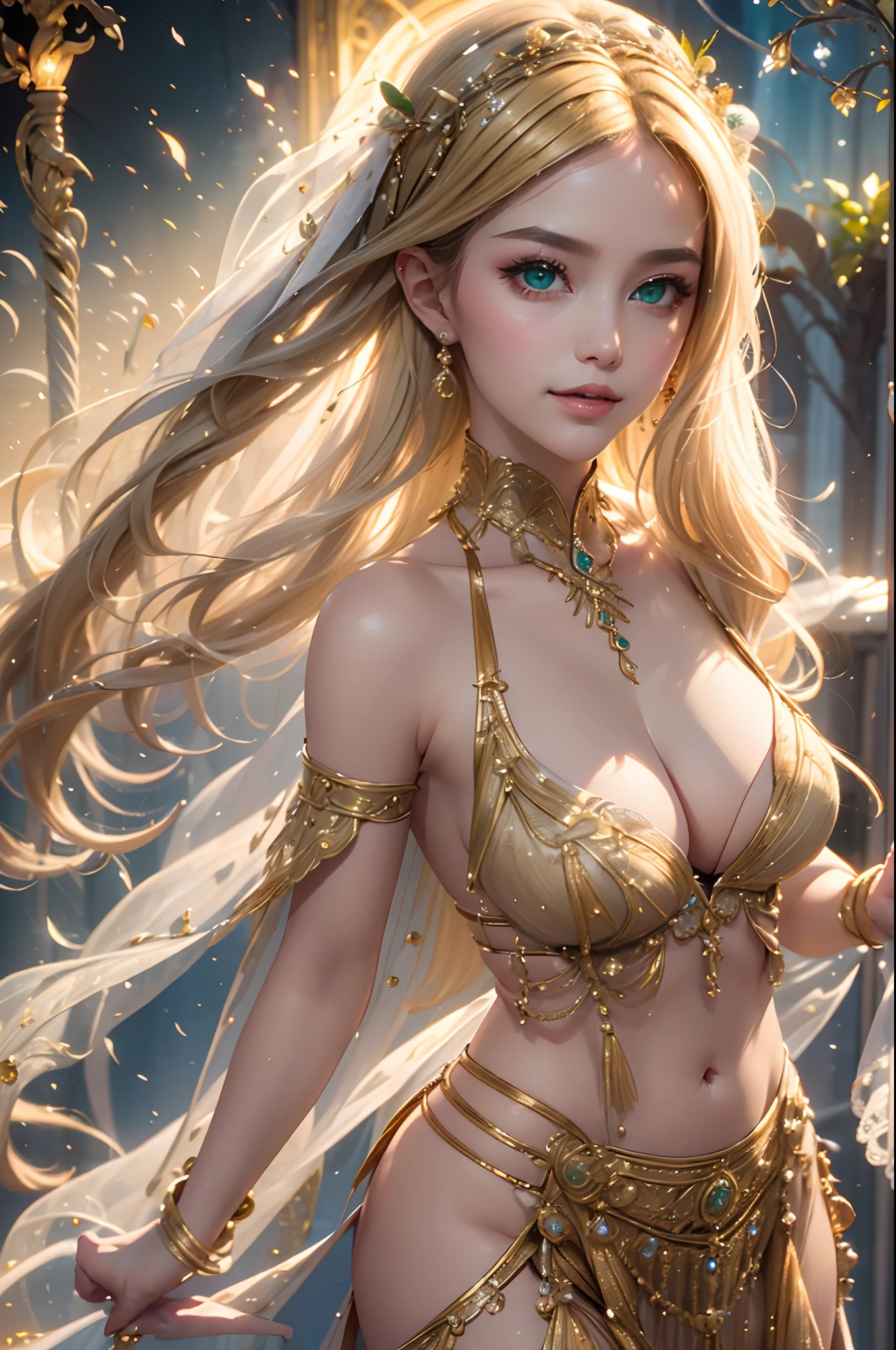 (Best Quality,4k,hight resolution,Masterpiece:1.2),Ultra-detailed,Realistic,Beautiful detailed green eyes,beautiful detailed lips,extremely detailed face,Beautifully detailed facial features,blonde woman,Oriental Dancer Costume,Graceful posture,Eye-catching background,soft-lighting,artistic interpretation,Portrait,Rich color palette,Expressive Movements,Striking visual impact,Pure elegance,Meticulous brush strokes,bright colours,Meticulous attention to detail,Subtle shadows,Dynamic composition,breath taking beautiful,alluring charm,Absolutely mesmerizing view, belly dance, Oriental Concubine, Lots of sheer fabric, (((The lower part of the face is covered by a veil)))