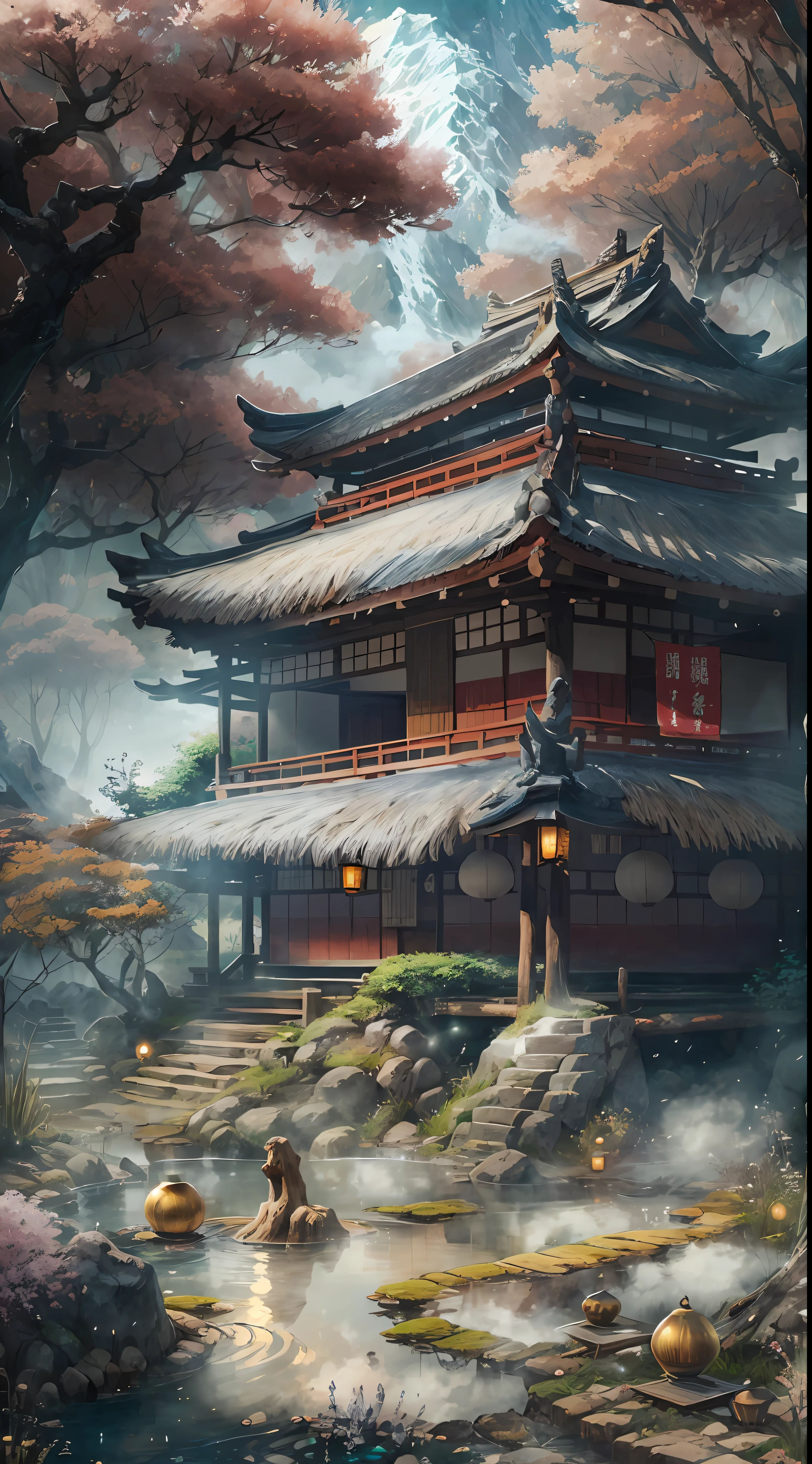 （tmasterpiece、best qualtiy）A huge ancient tree（（The body of the tree emits a golden light、Glowing balls））、illumination、thatched hut、springtime、jungles、lakes、grassy fields、Rochas、hot onsen、hydrosphere、surrounded by cloud，（illustratio：1.0）、Epic composition、Realistic lighting details、high definition detail、high definition resolution，（非常详细的 CG 统一 8k 壁纸）