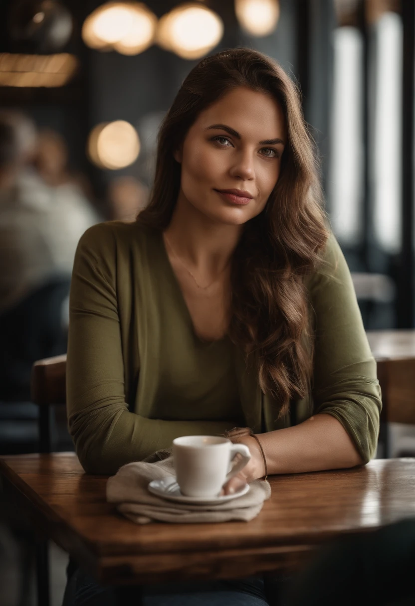 There is a woman sitting at a table with a cup of coffee, in a coffee shop, sitting in a cafe, enjoying coffee at a coffee shop, sitting in a cafe alone, checking her cell phone, mysterious coffee shop girl, sitting alone in a cafe, wearing a navy blue utility cap, anna nikonova, at the counter. She is brunette. She had stunning green eyes. She is looking at the camera. The coffee shop is modern. She had a takeaway coffee on the table by here. The lighting is well balanced. She has a slight smile on her face. She is a size 8 UK sizes. She is wearing gym gear.