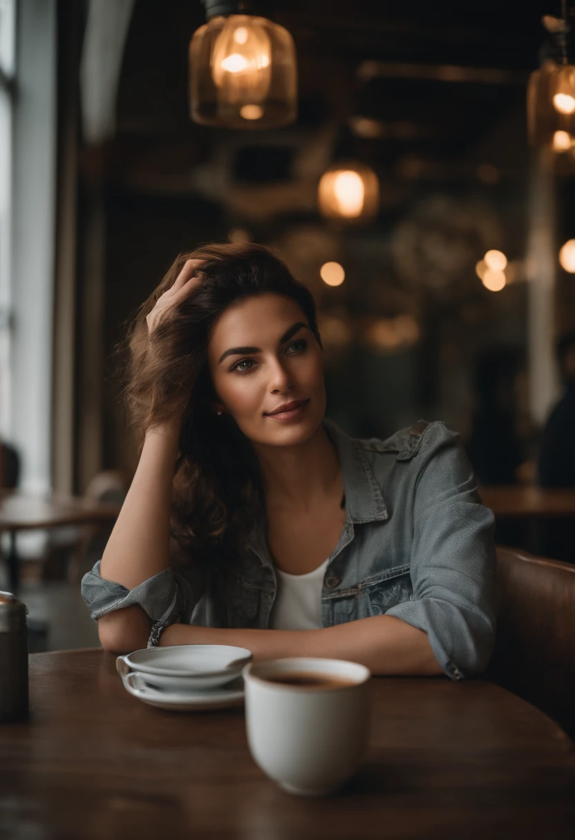 arafed woman with casual clothes, sexy girl with realistic blue eyes, portrait sophie mudd, brown hair and large eyes, selfie of a young woman, bedroom eyes, violet myers, without makeup, natural makeup, looking directly at the camera, face with artgram, subtle makeup, stunning full body shot, in a coffee shop, drinking coffee, cleavage