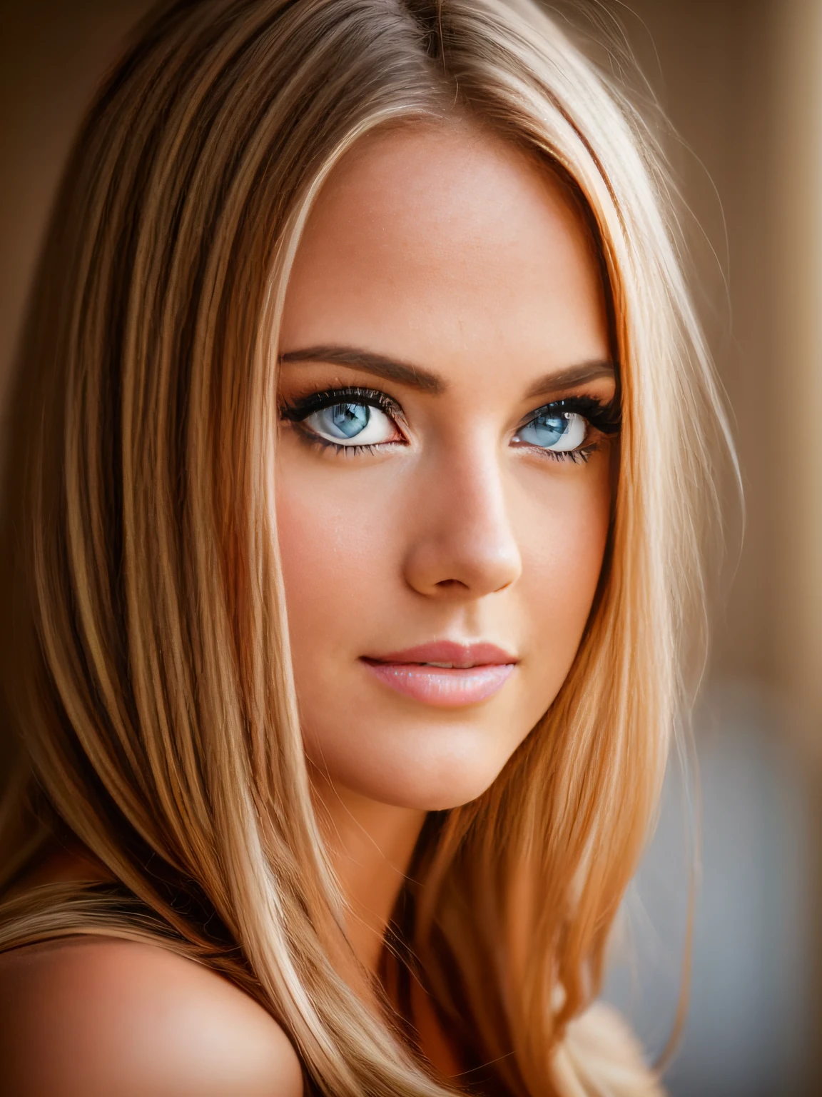 Beautiful blonde woman with sexy appearance and big blue eyes, Cute natural makeup, Realistic, Concept art, elegant, Highly detailed, Complex, sharp-focus, Depth of field, f/1. 8, 85 mm, Mid, Mid, (professional colour grading)), Clear Focus, Bright soft diffused light, (volumetric fog), Popular on Instagram, HDR 4K, 8K, fat