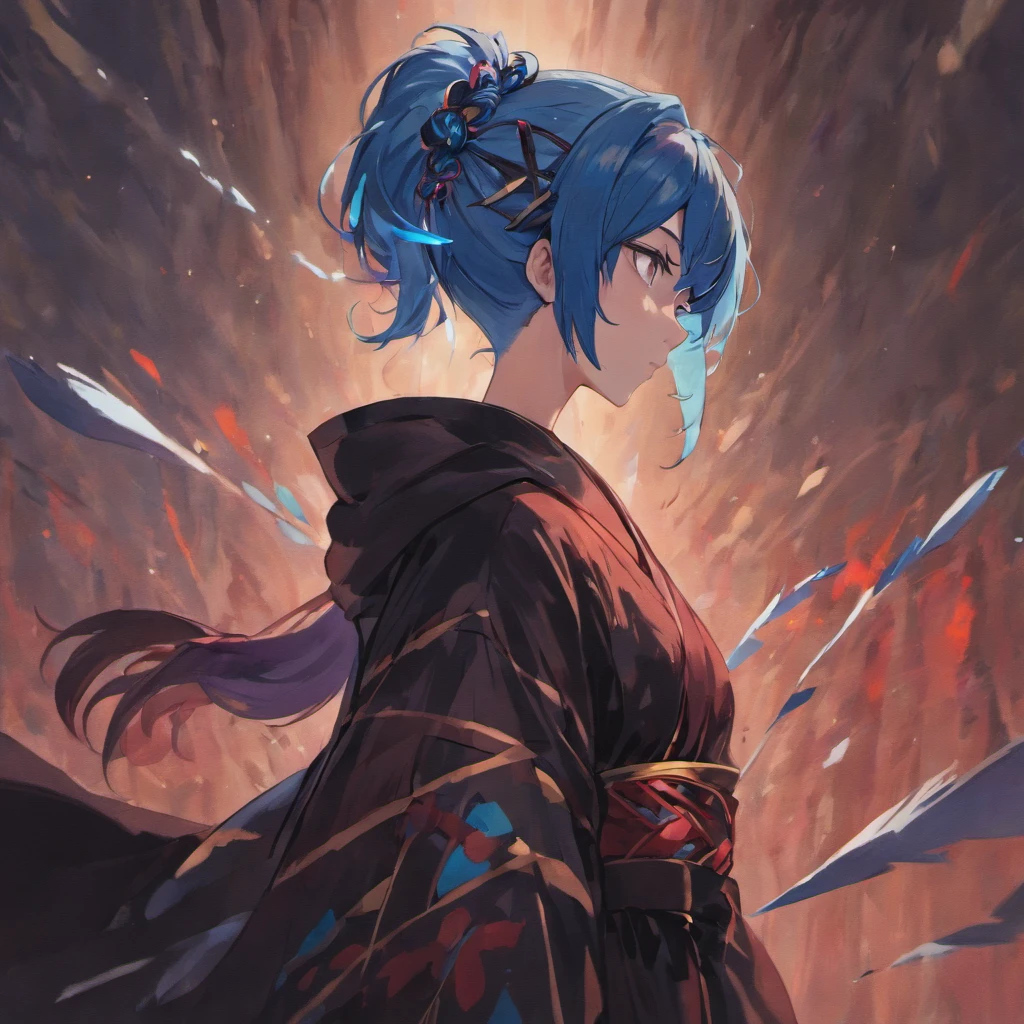 a man with blue hair in a ponytail wearing a black robe with red feathers with a visible six pack