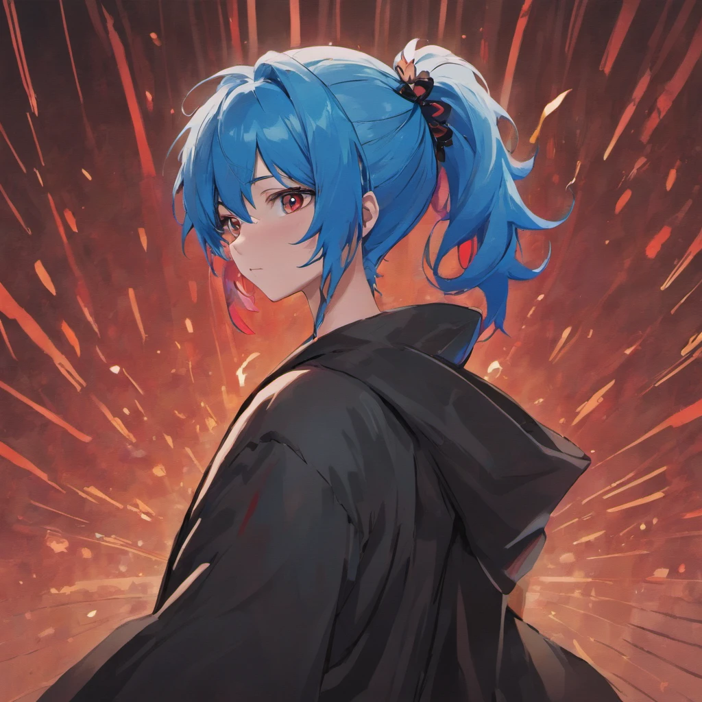 a man with blue hair in a ponytail wearing a black robe with red feathers with a visible six pack
