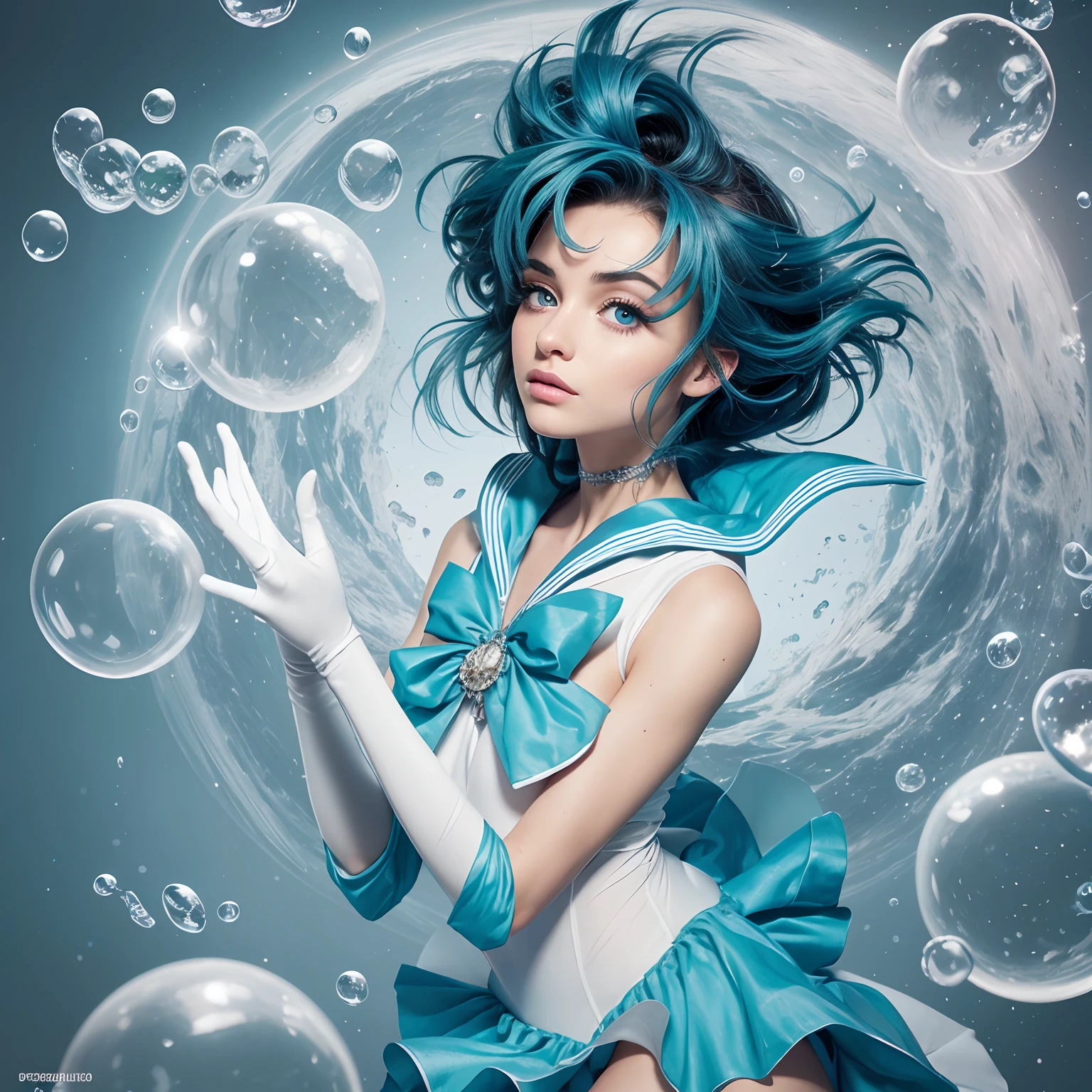 Close-up de uma mulher em um vestido a sailor white and blue dress, Hiperrealista. Realistic art station, cena da garota cercada por bolhas, arte de fantasia detalhada, arte de personagem impressionante, epic exquisite character art, Belo vestido de sailor, extremamente detalhado, , Cocar e Joias, captura de corpo inteiro. Ela tem grandes olhos azul-turquesa, rosto delicado, Cabelos Azuis Claros curtos. messy hair, franjas. She is one of the sailors in the Sailor Moon universe. Linda garota japonesa. Cabelo soprando no ar. Ela tem uma aura brilhante poderosa. Luvas brancas longas.