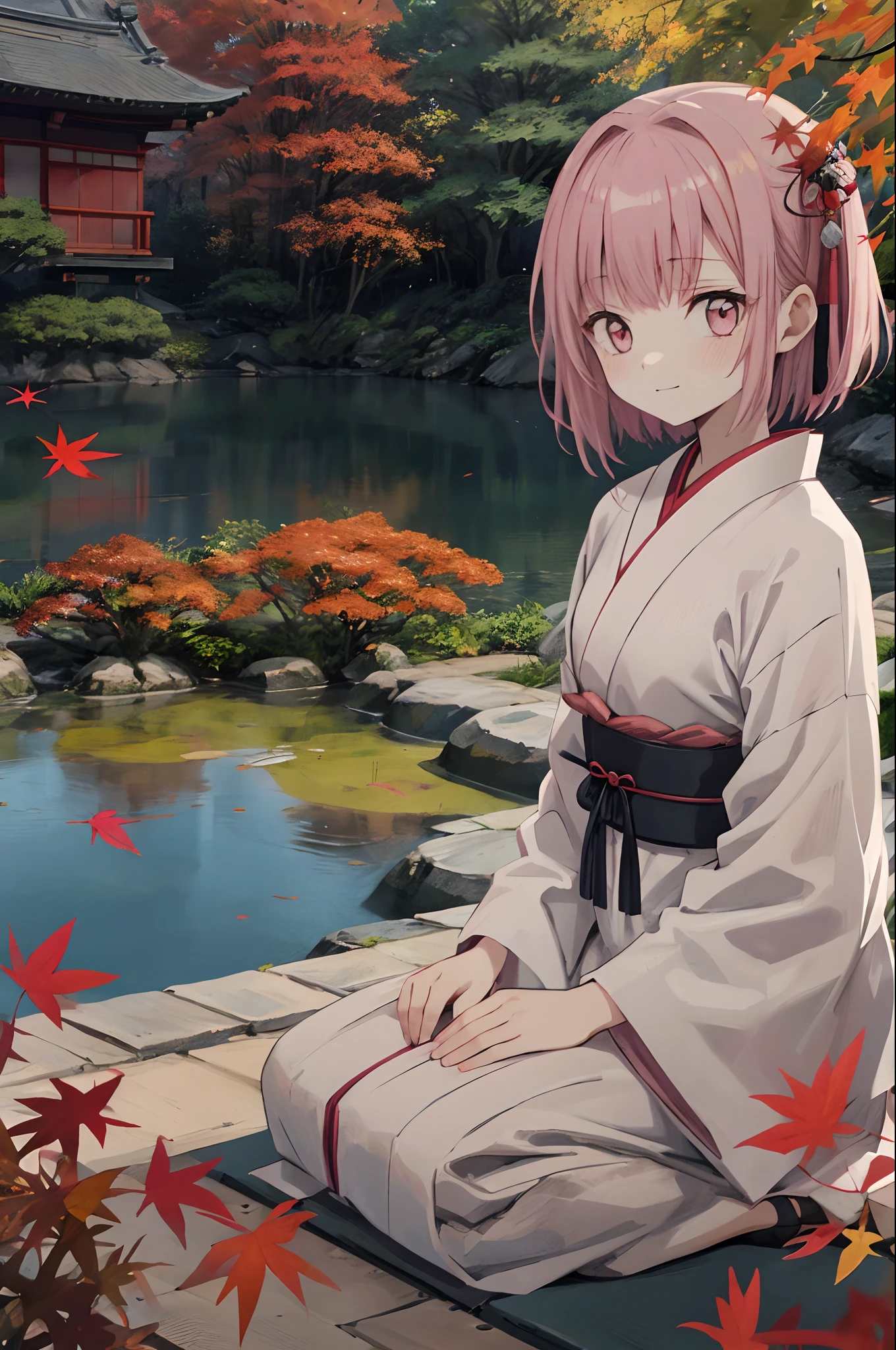 1girll, Solo, Sitting, Japanese-style frilled dress, Traditional Japanese motifs, Long black hair, Pink mesh hair, Gray-pink eyes, Soft smile, superb view, En plein air, view the viewer, Autumn leaves, Japanese Garden, degrees of freedom, Autumn