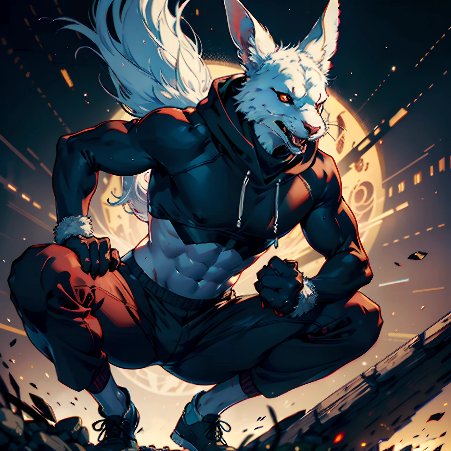 8K,HighestQuali,Highest image quality,tmasterpiece,Master illustration,Exquisite,Amazing,Furry,Jackalope,werecreature,male,big breasts thin waist,Slender figure,Thick thighs,Small calves,Slender arms,Aggressive,self-assured,Elevation perspective,Off-white hair,Jackal anthropomorphism,a plush,Sharp eyes,Black-red pupils,sport,Fang,Confident laughter,Keep your hands on the ground,Running action,sweatshirts,Slacks,clawed paws