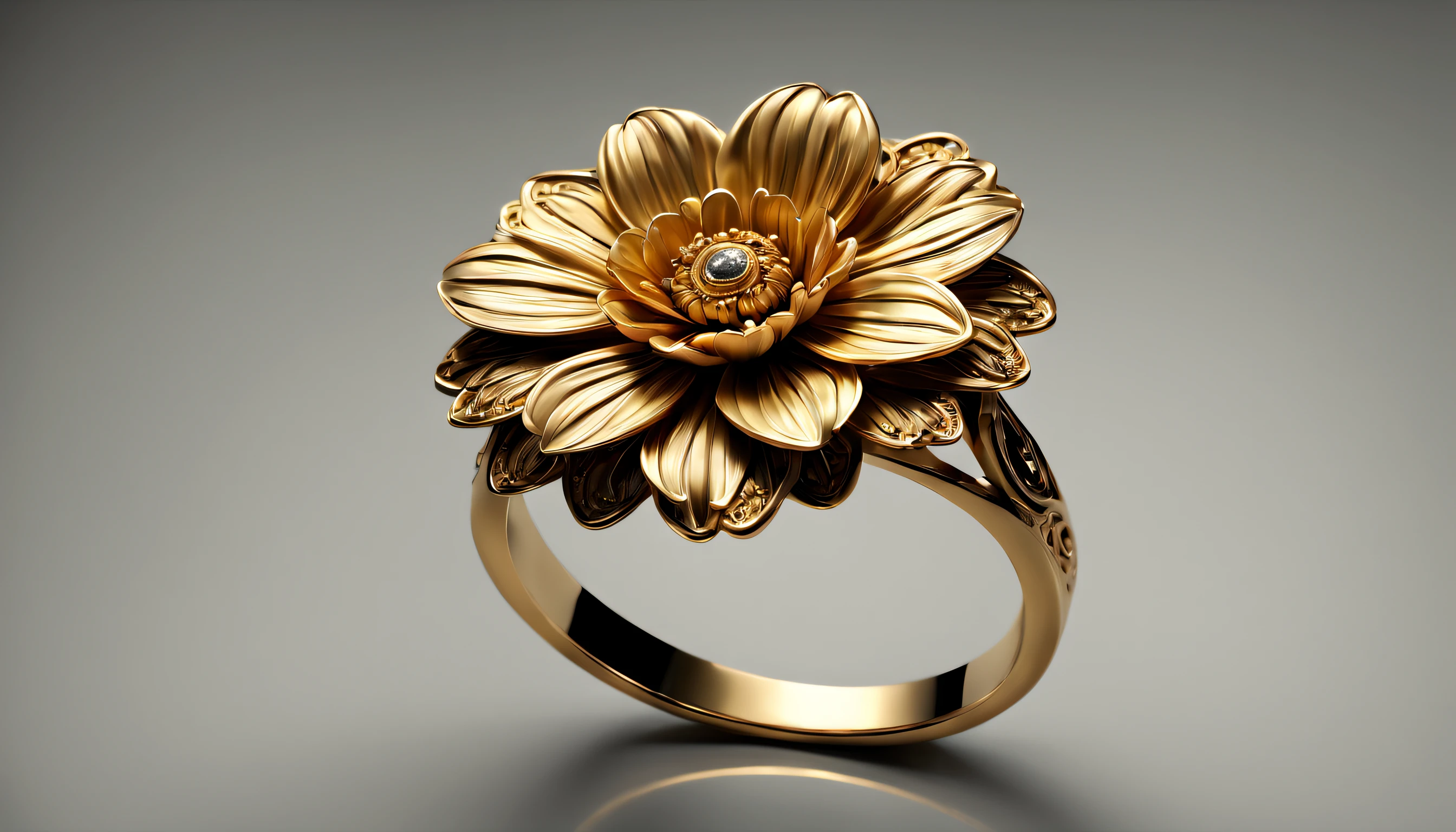 (best quality, 4k, 8k, high resolution, masterpiece: 1.2), ultra detailed, (realistic, photorealistic, photorealistic: 1.37) a golden metal ring with a beautiful carved flower, an authentic work of art, it is located on a reflective glass base, with exquisite lighting