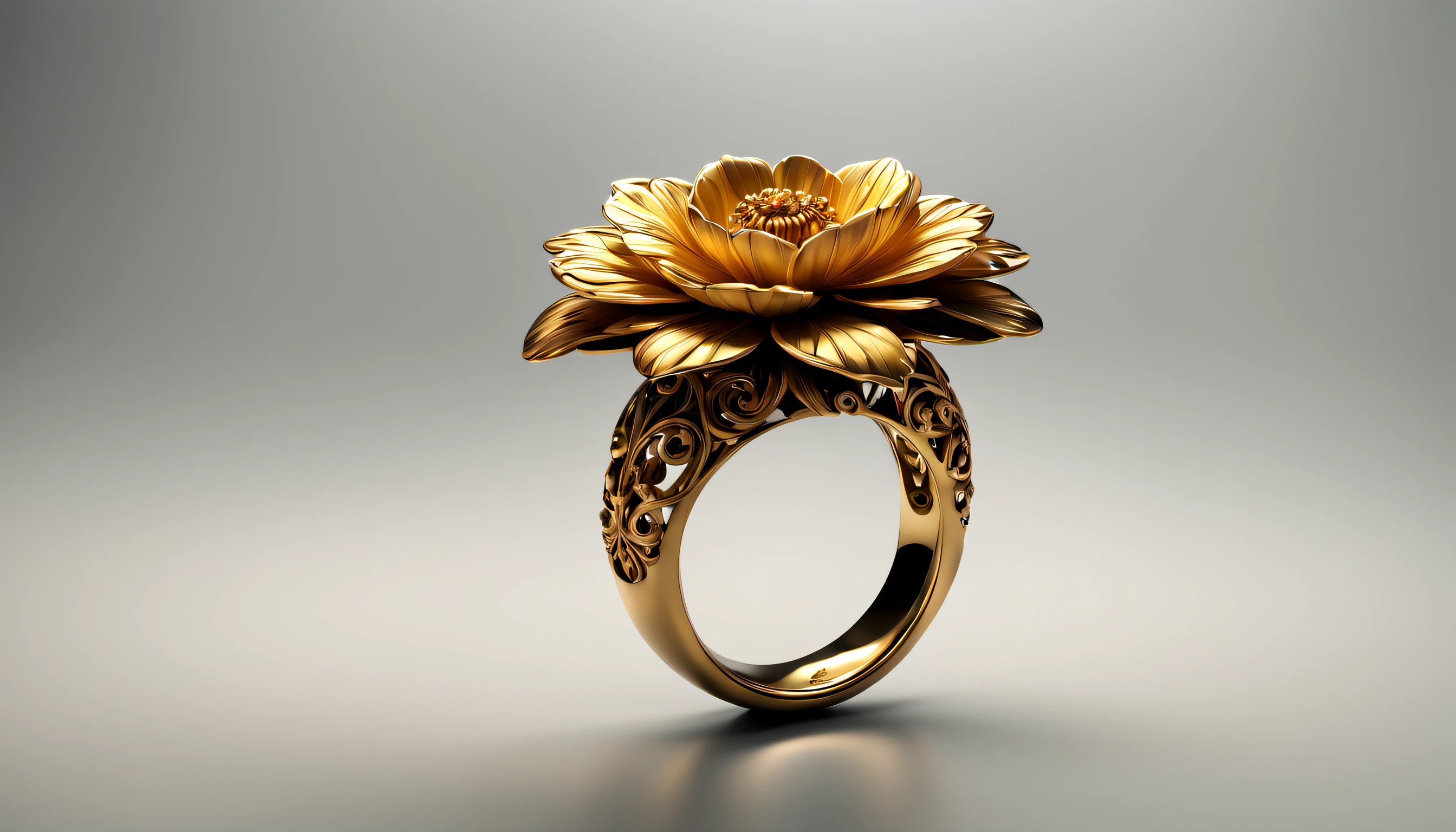 (best quality, 4k, 8k, high resolution, masterpiece: 1.2), ultra detailed, (realistic, photorealistic, photorealistic: 1.37) a golden metal ring with a beautiful carved flower, an authentic work of art, it is located on a reflective glass base, with exquisite lighting