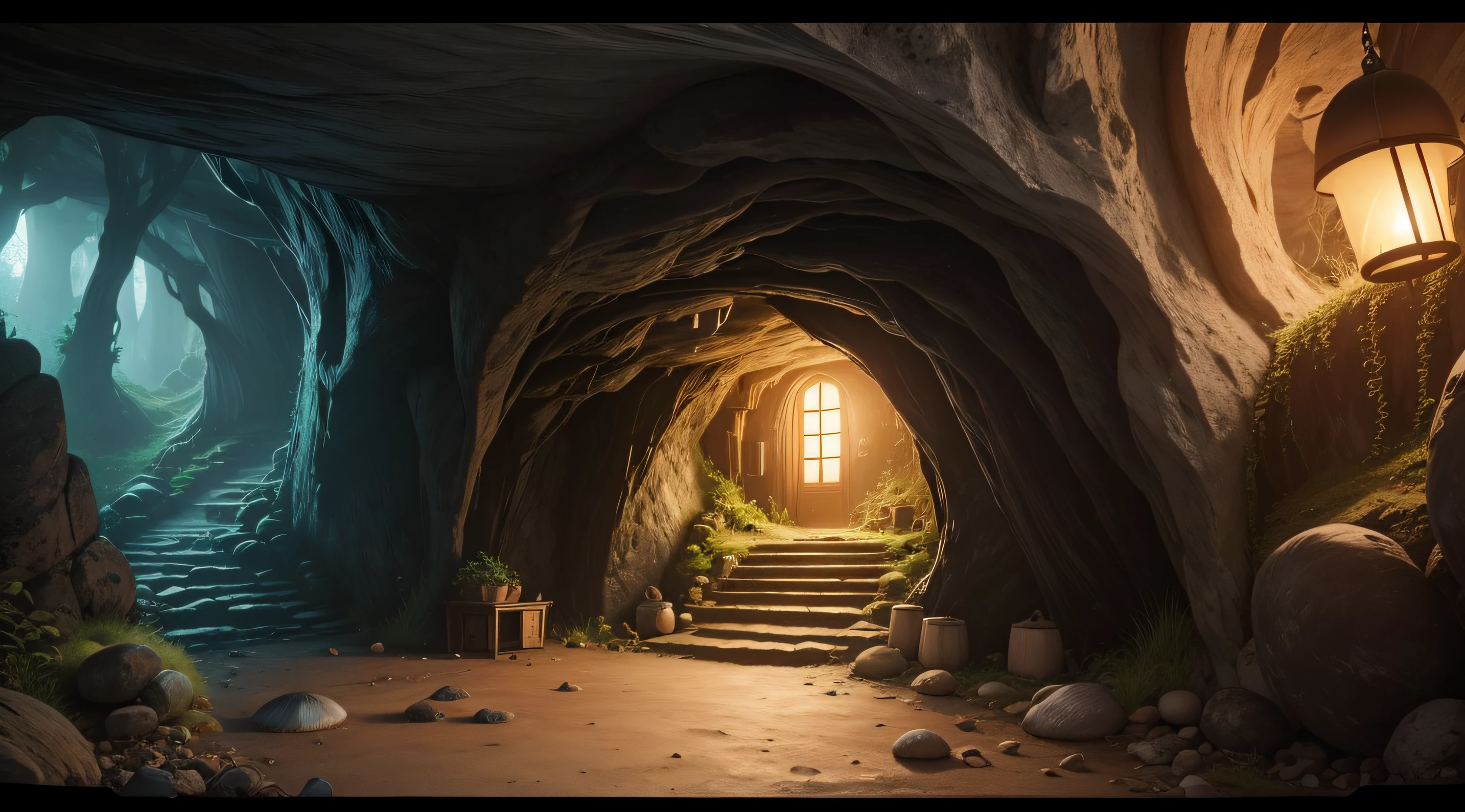 inside cave night mushroom house cinematic 8k hdr
