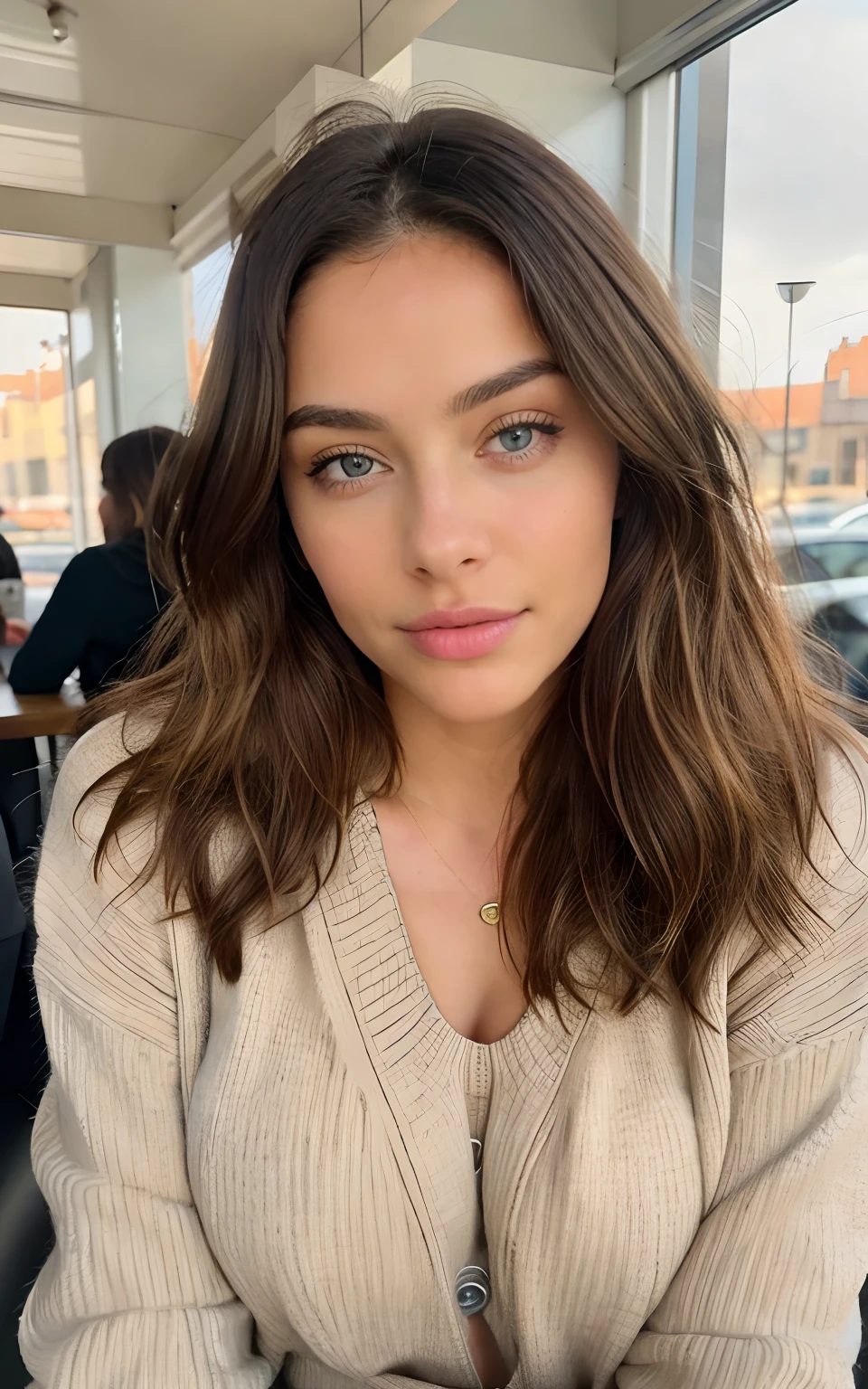 Beautiful brunette with blonde highlights wearing a beige sweater (in a cafe drinking soda), highly detailed, 22 years old, nude, boobs, innocent face, natural wavy hair, blue eyes, high resolution, Masterpiece, Best quality, Intricate high detail, Highly detailed, Sharp focus, Detailed skin, realistic skin texture, texture, detailed eyes, professional, 4k, charming smile, shot on Canon, 85mm, shallow depth of field, Kodak Vision Color, Perfect Fit Body , extremely detailed, photography_\(ultra\), Photorealistic, Realistic, Post-processing, maximum details, roughness, real life, ultra realistic, Photorealism, photography, 8k UHD, photography, nude, boobs