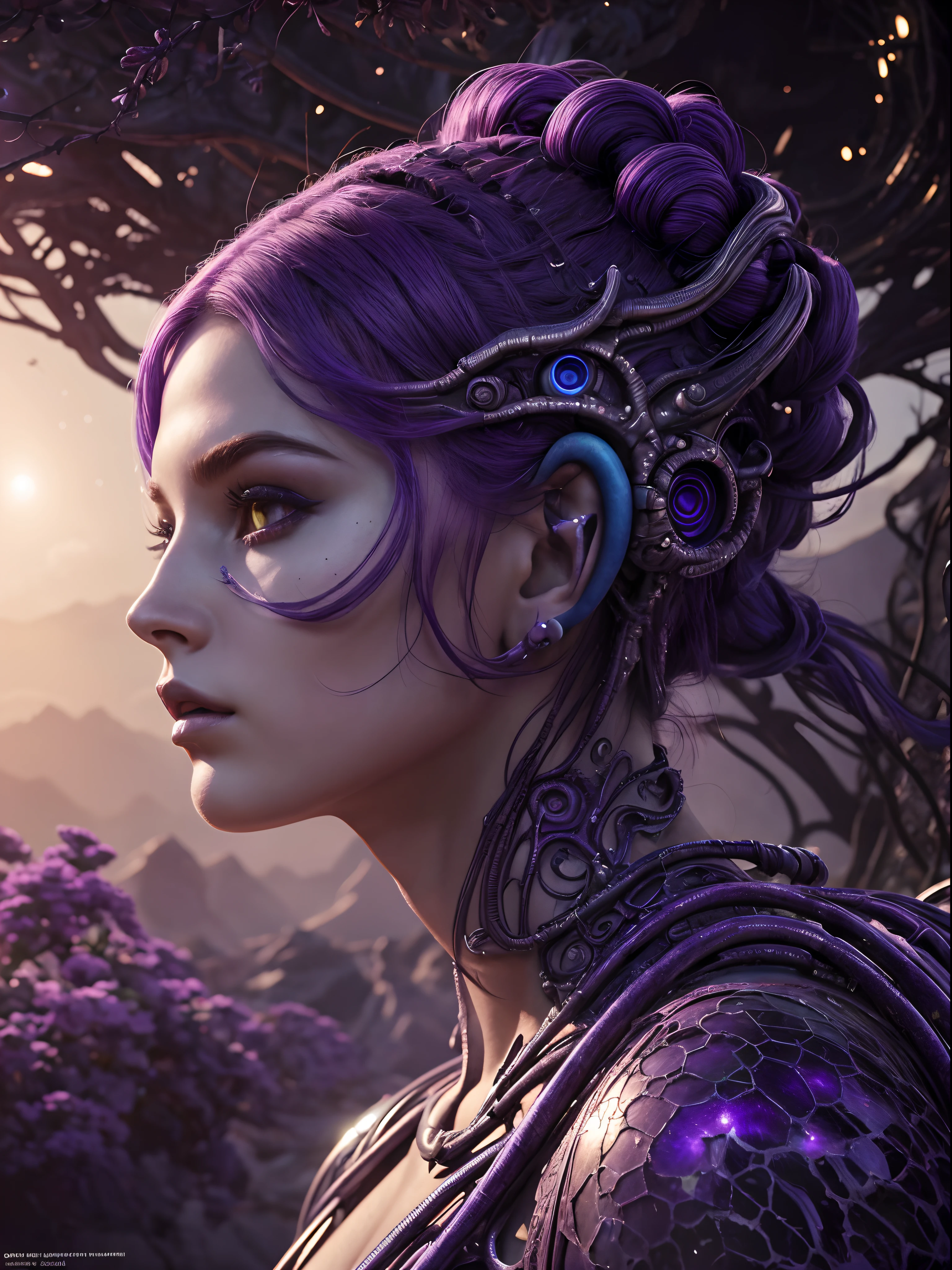Masterpiece, RAW photo, hyper photorealistic, Beautiful alien girl with a lot of purple hair, on a far fantastic planet, cosmic landscape, cute sexy, highly detailed, sci-fi aesthetic, fantasy aura, unearthly vegetation, by rutkowski, hdr, intricate details, hyperdetailed, cinematic, depth of field, rim light