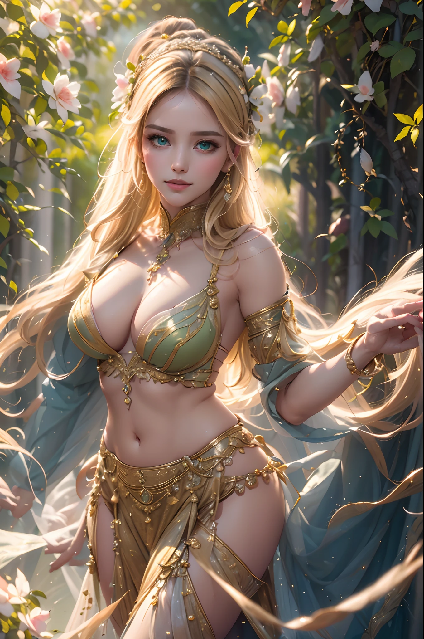 (Best Quality,4k,hight resolution,Masterpiece:1.2),Ultra-detailed,Realistic,Beautiful detailed green eyes,beautiful detailed lips,extremely detailed face,Beautifully detailed facial features,blonde woman,Oriental Dancer Costume,Graceful posture,Eye-catching background,soft-lighting,artistic interpretation,Portrait,Rich color palette,Expressive Movements,Striking visual impact,Pure elegance,Meticulous brush strokes,bright colours,Meticulous attention to detail,Subtle shadows,Dynamic composition,breath taking beautiful,alluring charm,Absolutely mesmerizing view, belly dance, Oriental Concubine, Lots of sheer fabric,