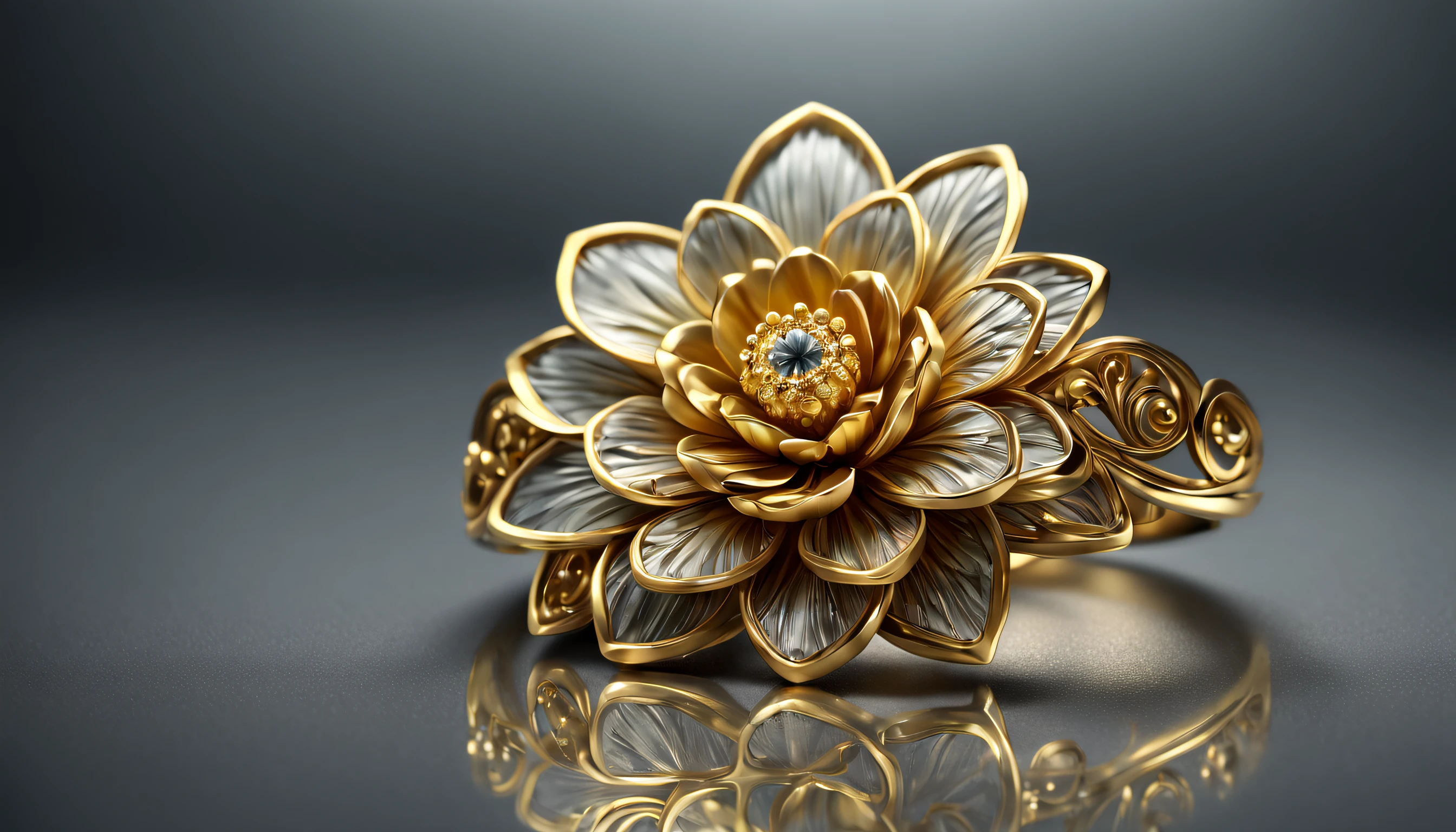 (best quality, 4k, 8k, high resolution, masterpiece: 1.2), ultra detailed, (realistic, photorealistic, photorealistic: 1.37) a golden metal ring with a beautiful carved flower, an authentic work of art, it is located on a reflective glass base, with exquisite lighting