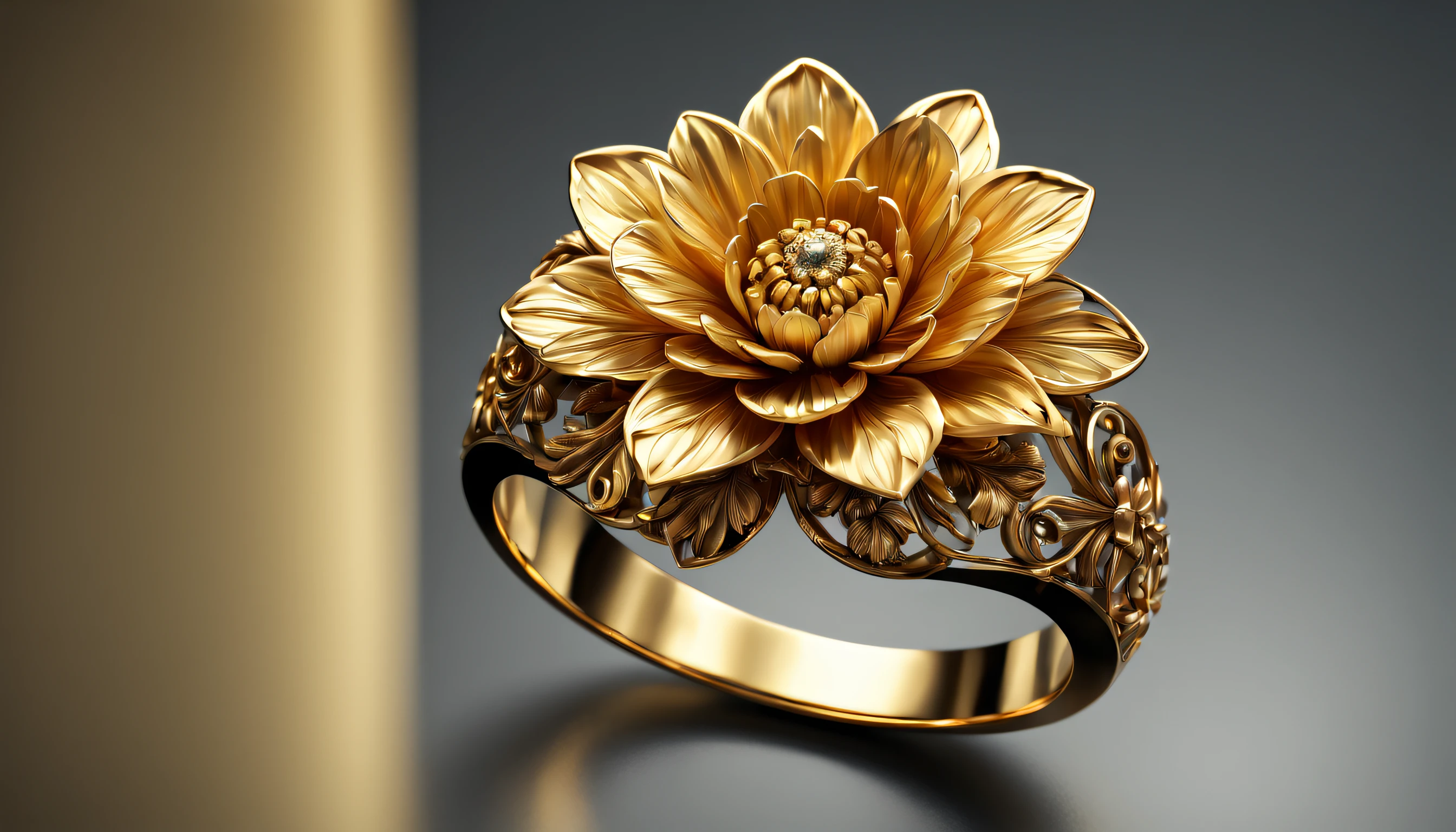 (best quality, 4k, 8k, high resolution, masterpiece: 1.2), ultra detailed, (realistic, photorealistic, photorealistic: 1.37) a golden metal ring with a beautiful carved flower, an authentic work of art, it is located on a reflective glass base, with exquisite lighting