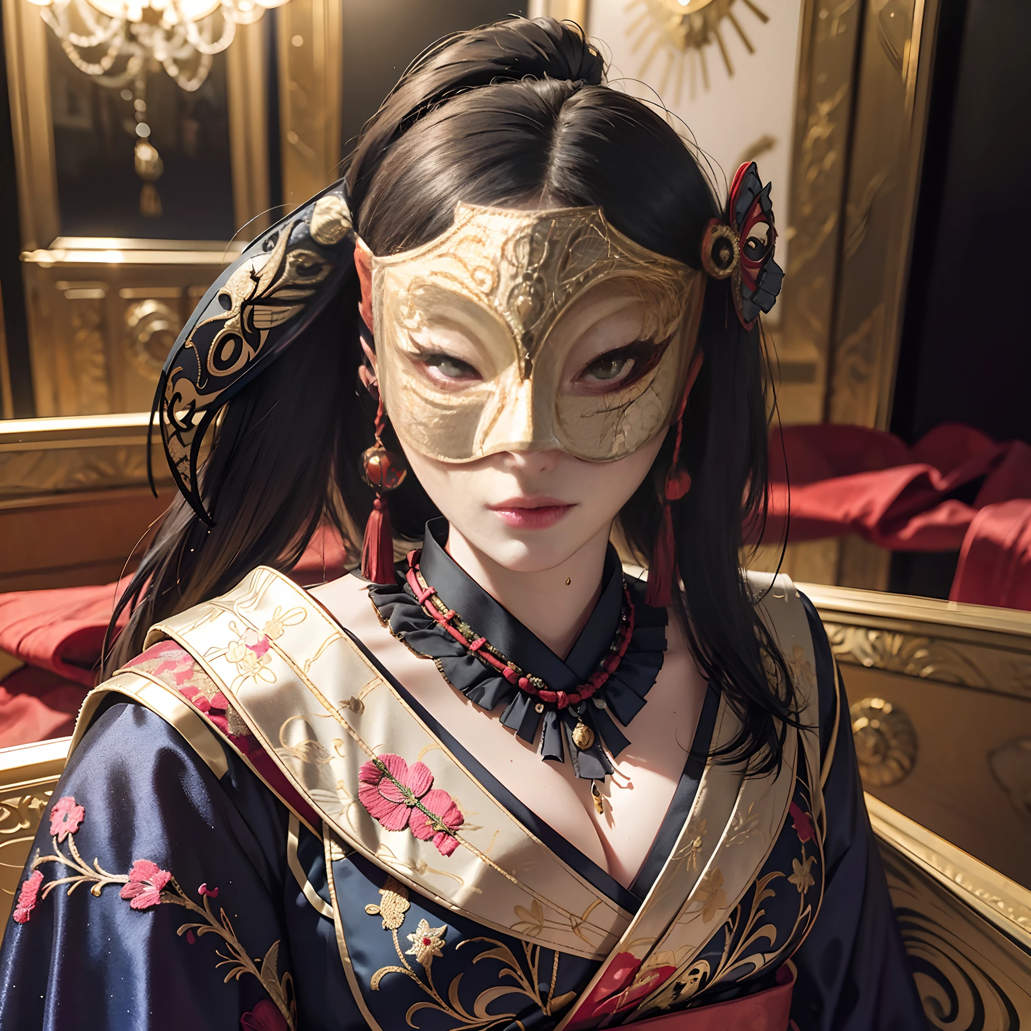 Background of details(palatial palace),elaborate costume(Luxury kimono(Colorful kimono(detailed embroidery))),BREAK One Beautiful and Classy Adult Woman(Japanese actressl:1.2)(glossy dark hair(poneyTail:1.2)),(Hide face with hands),(Masquerade:1.8), Wallpaper 16K,Blur the background,(masutepiece:1.5), (Best Quality:1.5),(Portrait photos:1.5),full body Esbian