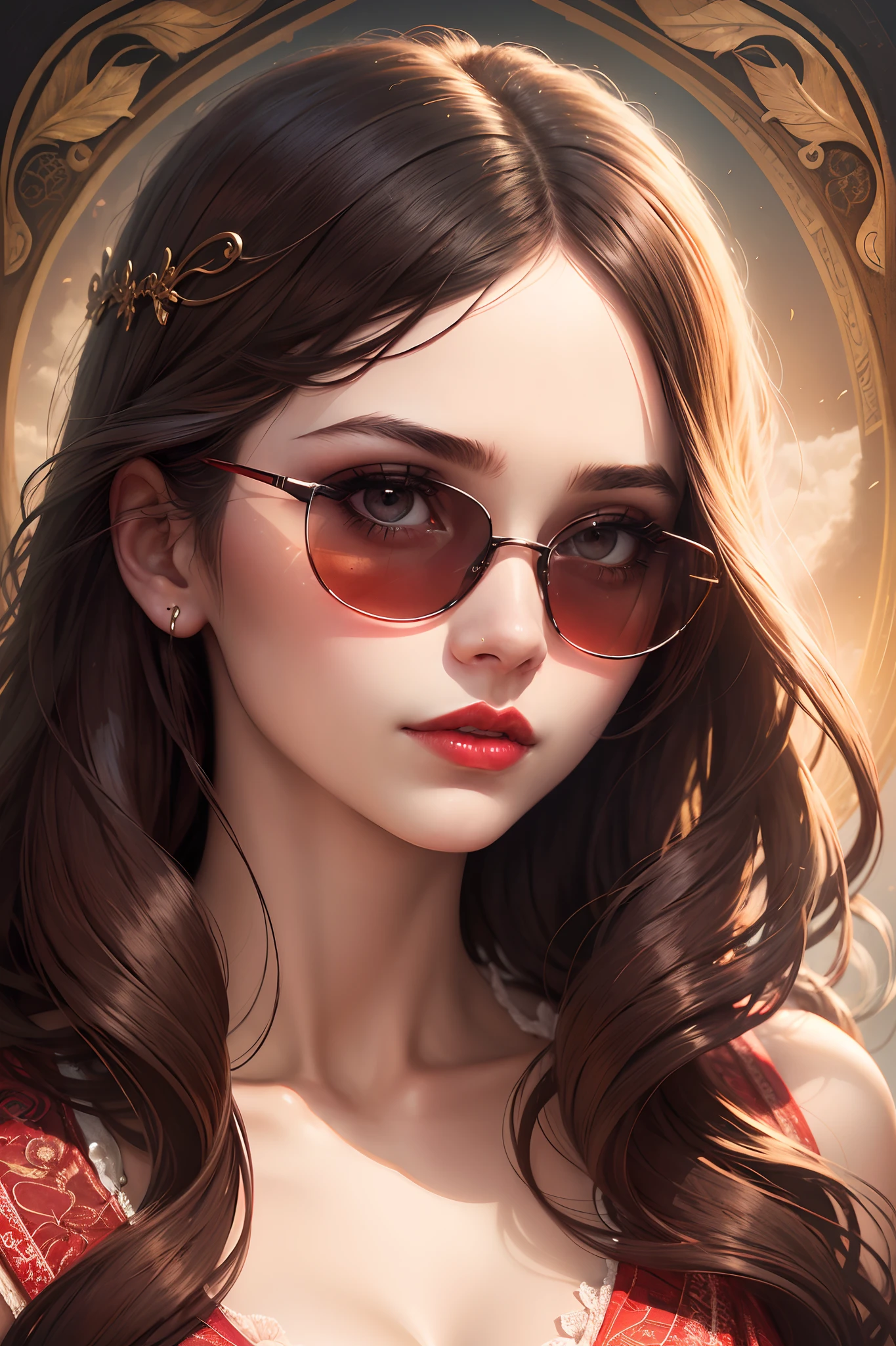 a beautiful girl's face wearing sunglasses and red lipstick, a lifelike portrait with every pore and strand of hair visible, Combine multiple images to create a surreal and visually stunning composition, art nouveau.