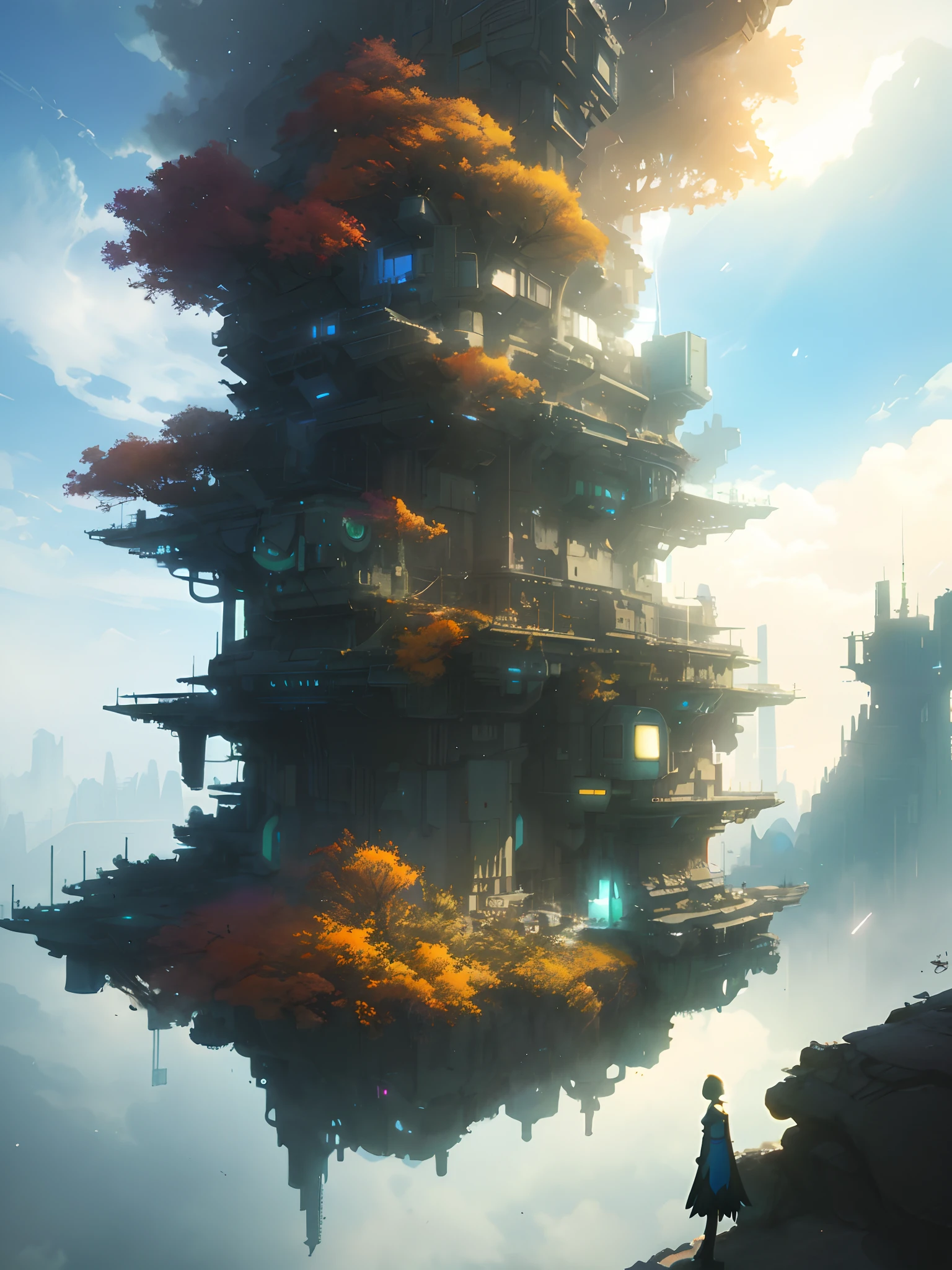 Watercolor,futuristic city with a girl standing on a cliff looking at a tall building, bastien grivet, paul lehr and beeple, 3 d render beeple, andreas rocha style, inspired by Mike "Beeple" Winkelmann, arstation and beeple highly, artgem and beeple masterpiece, by Beeple