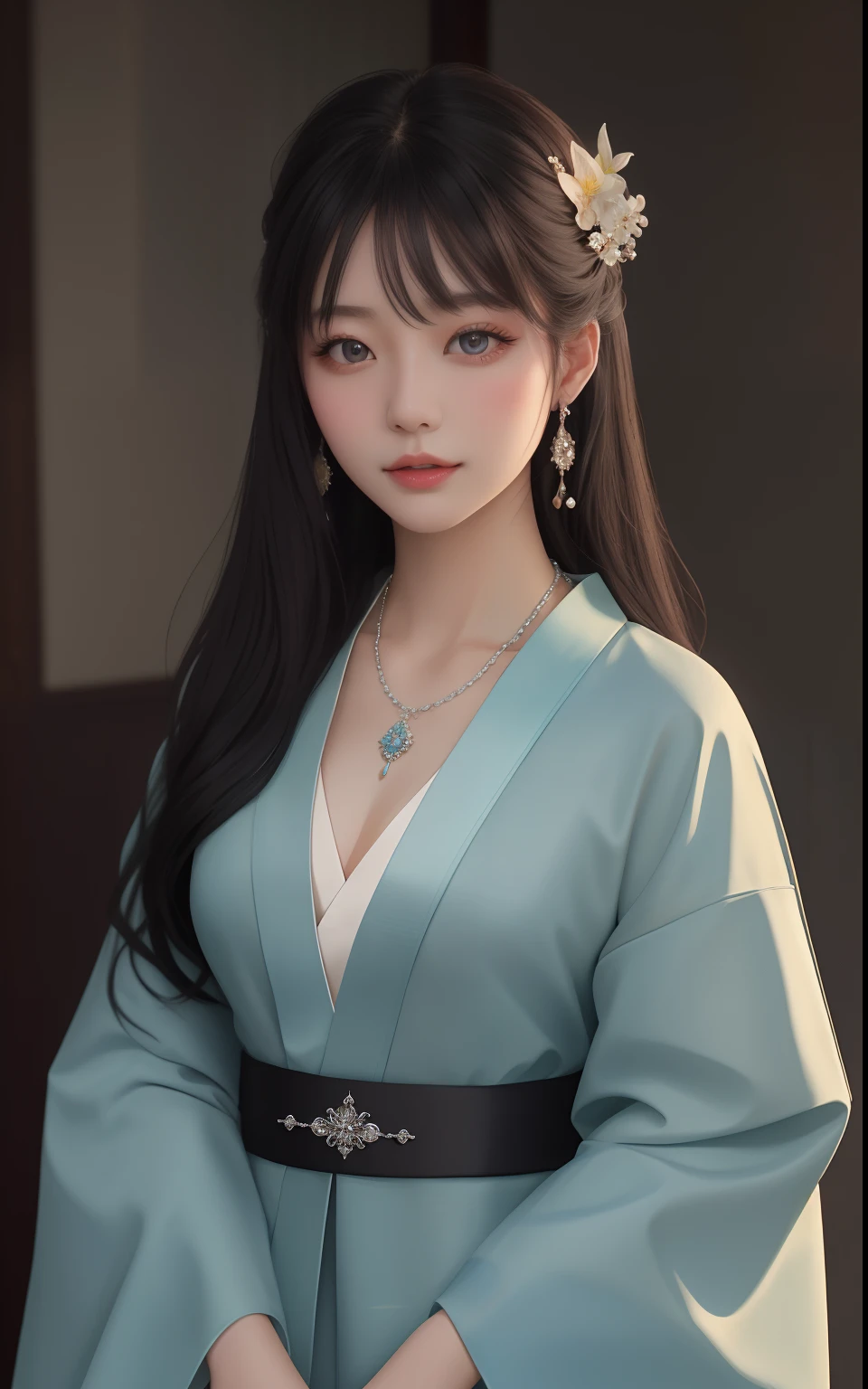 top-quality, masterpiece, high-level image quality, 1girl, Porcelain dress, hairaccessories, a necklace, jewely, beauitful face, Physical, Tyndall effect, realisitic, Dark Studio, Rim Lighting, Duotone lighting, (High Detail Skin : 1.2), 8k uhd,Digital SLR, Soft light, hightquality, Volume Light, Candid, a picture, hight resolution, 4k, 8k, Clair、Long black hair、kimono