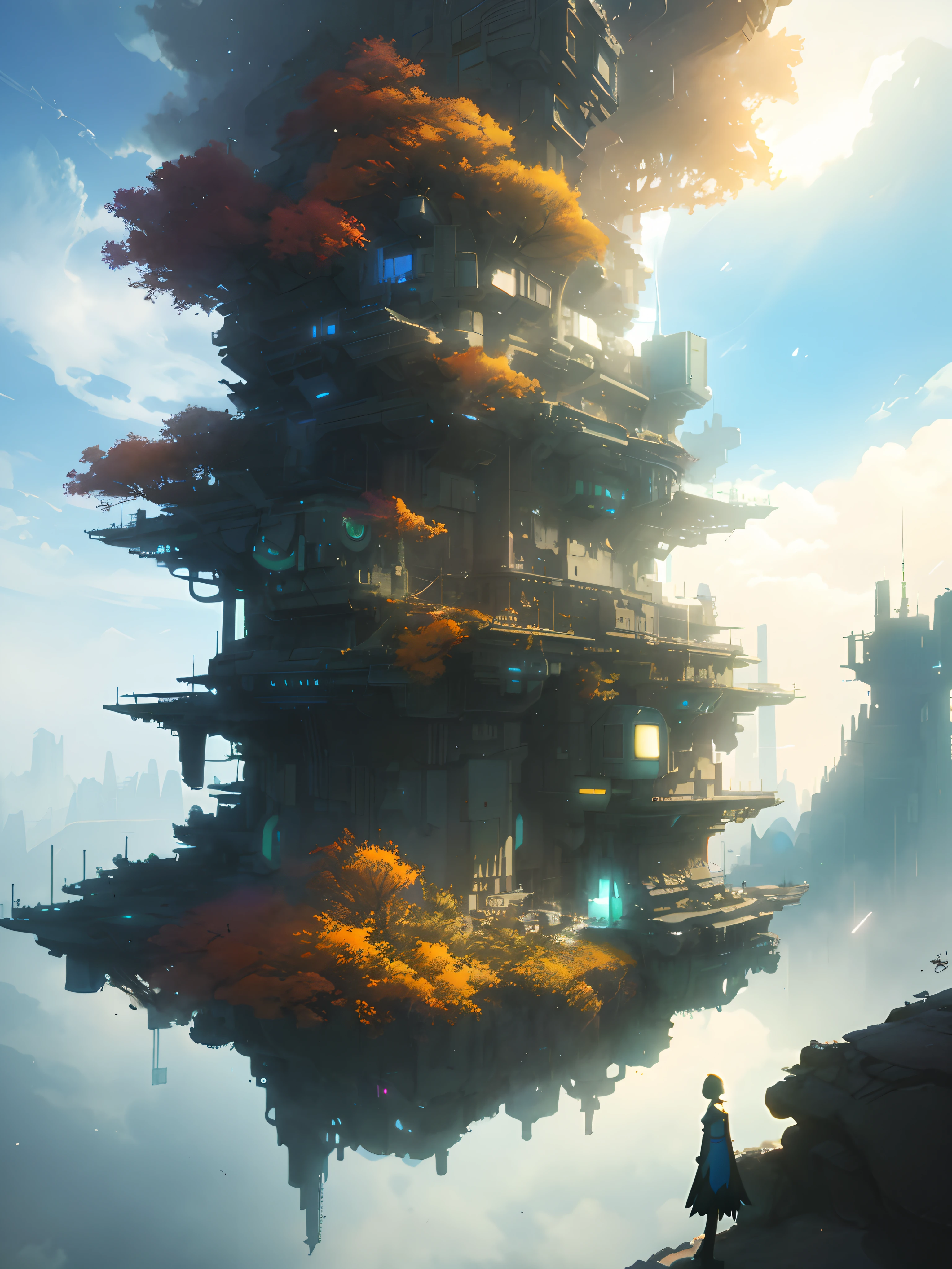 Watercolor,futuristic city with a girl standing on a cliff looking at a tall building, bastien grivet, paul lehr and beeple, 3 d render beeple, andreas rocha style, inspired by Mike "Beeple" Winkelmann, arstation and beeple highly, artgem and beeple masterpiece, by Beeple