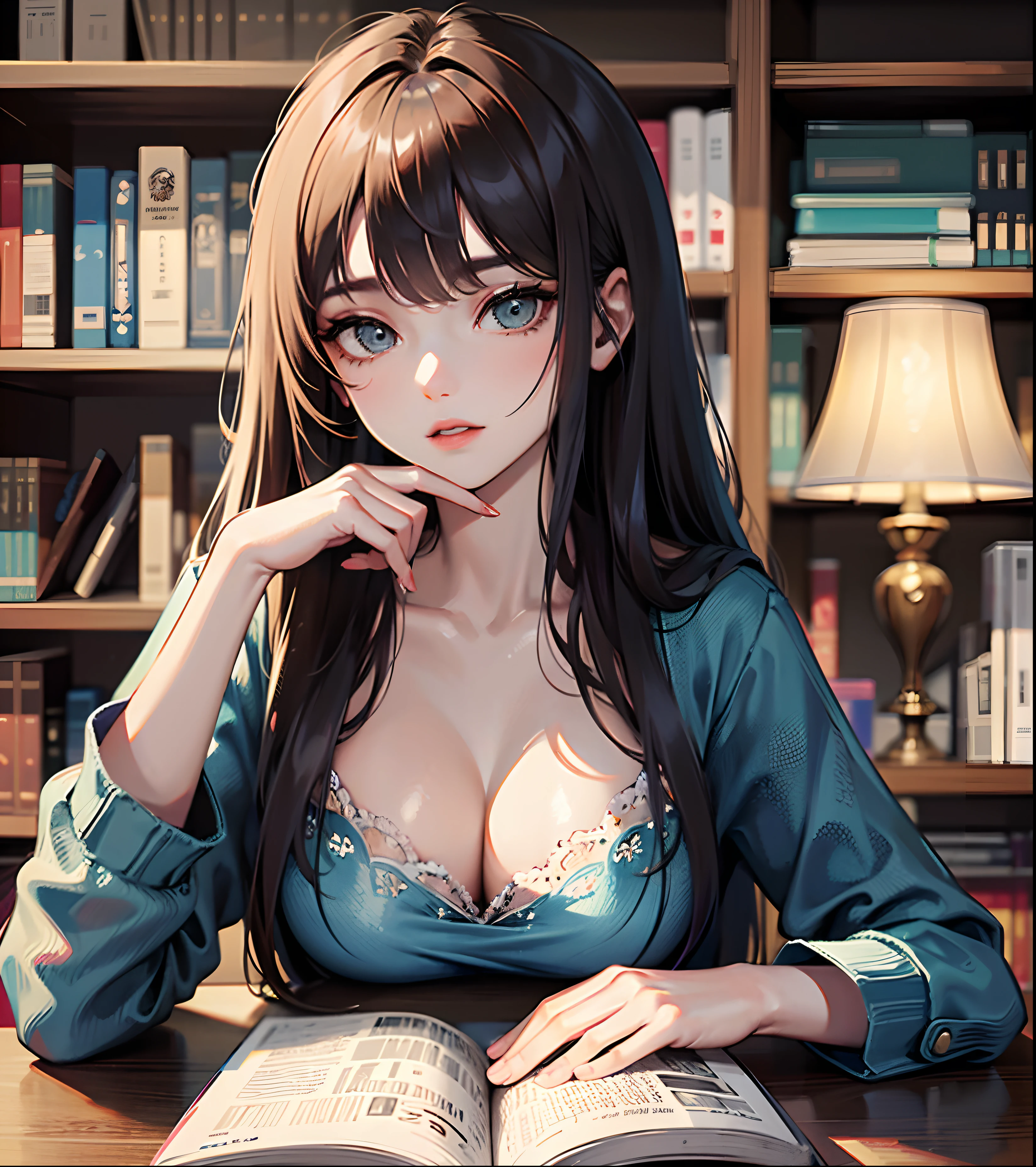 1 beautiful girl, solo girl, sitting on table, reading a book in library, intricate details, sharp focus, 4k, hyper detailed, potrait image